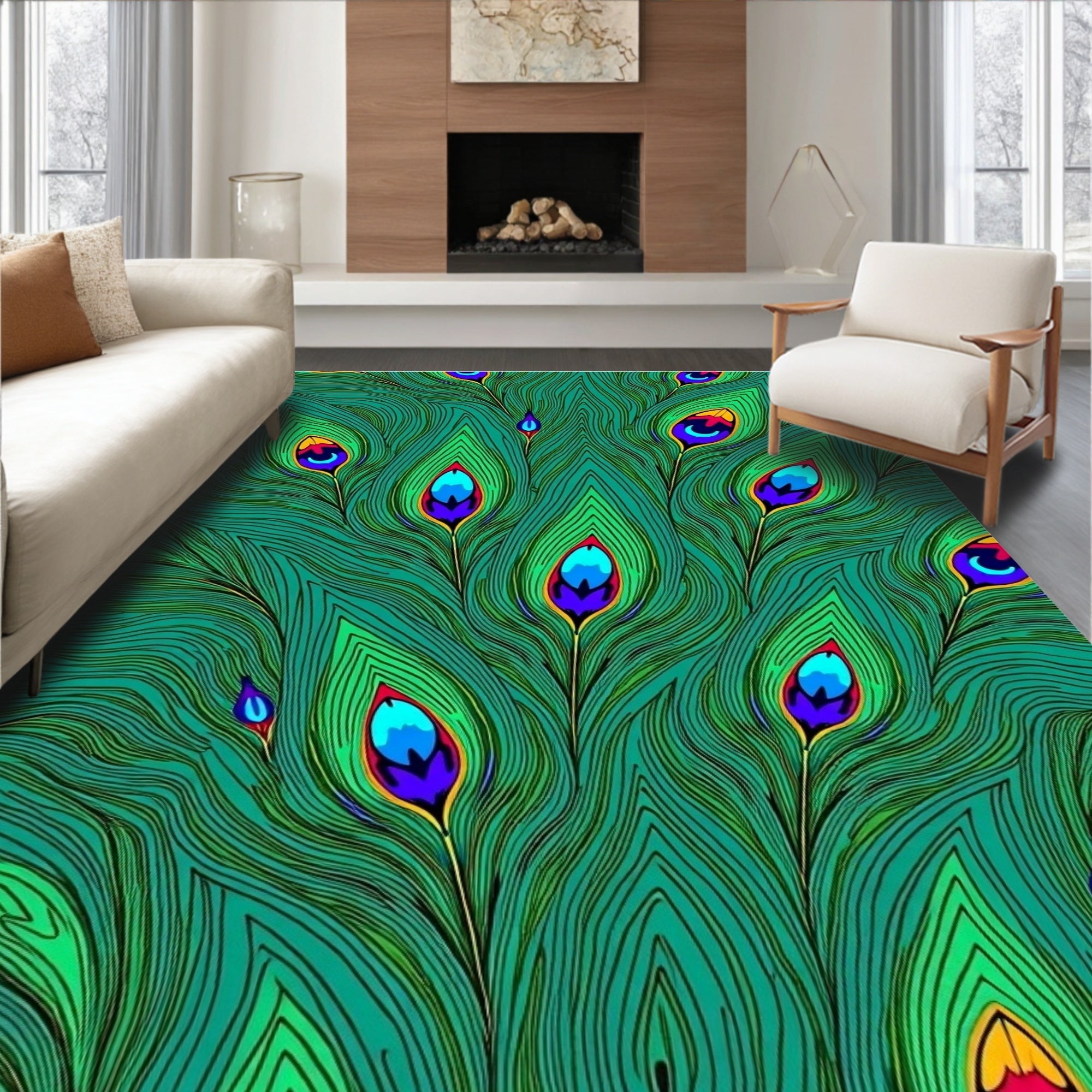 Emerald Peacock Feather Swirl Rug