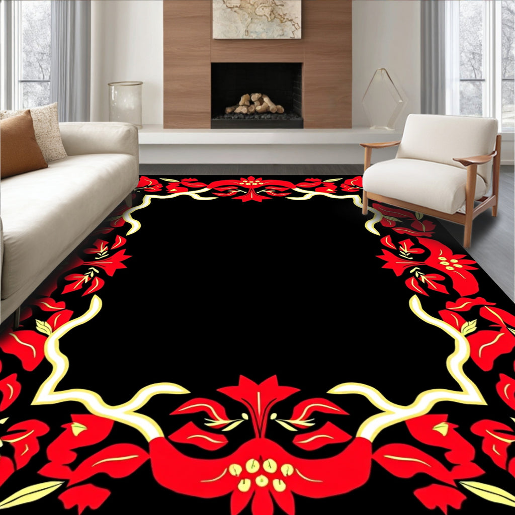 Bold Crimson Floral Vine Frame Rug