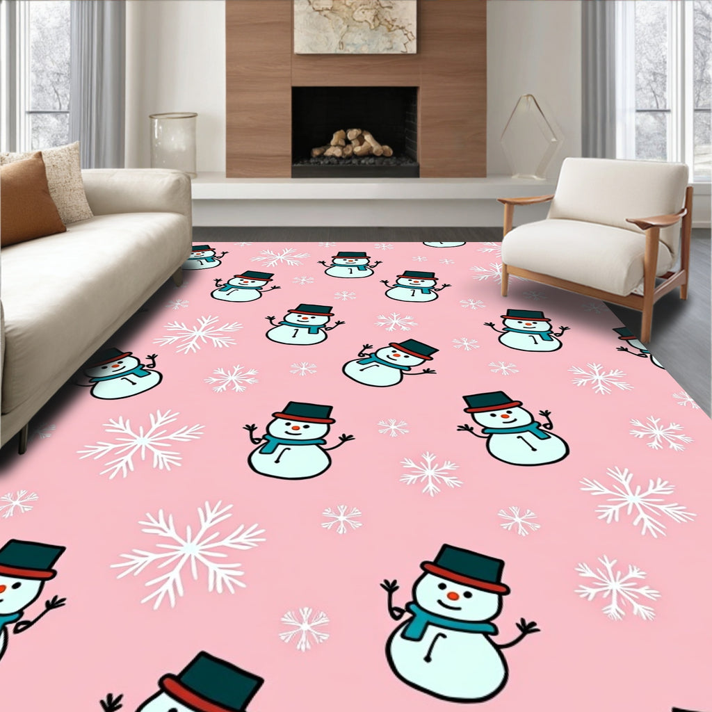 Pink Snowman Snowflake Festive Background Rug