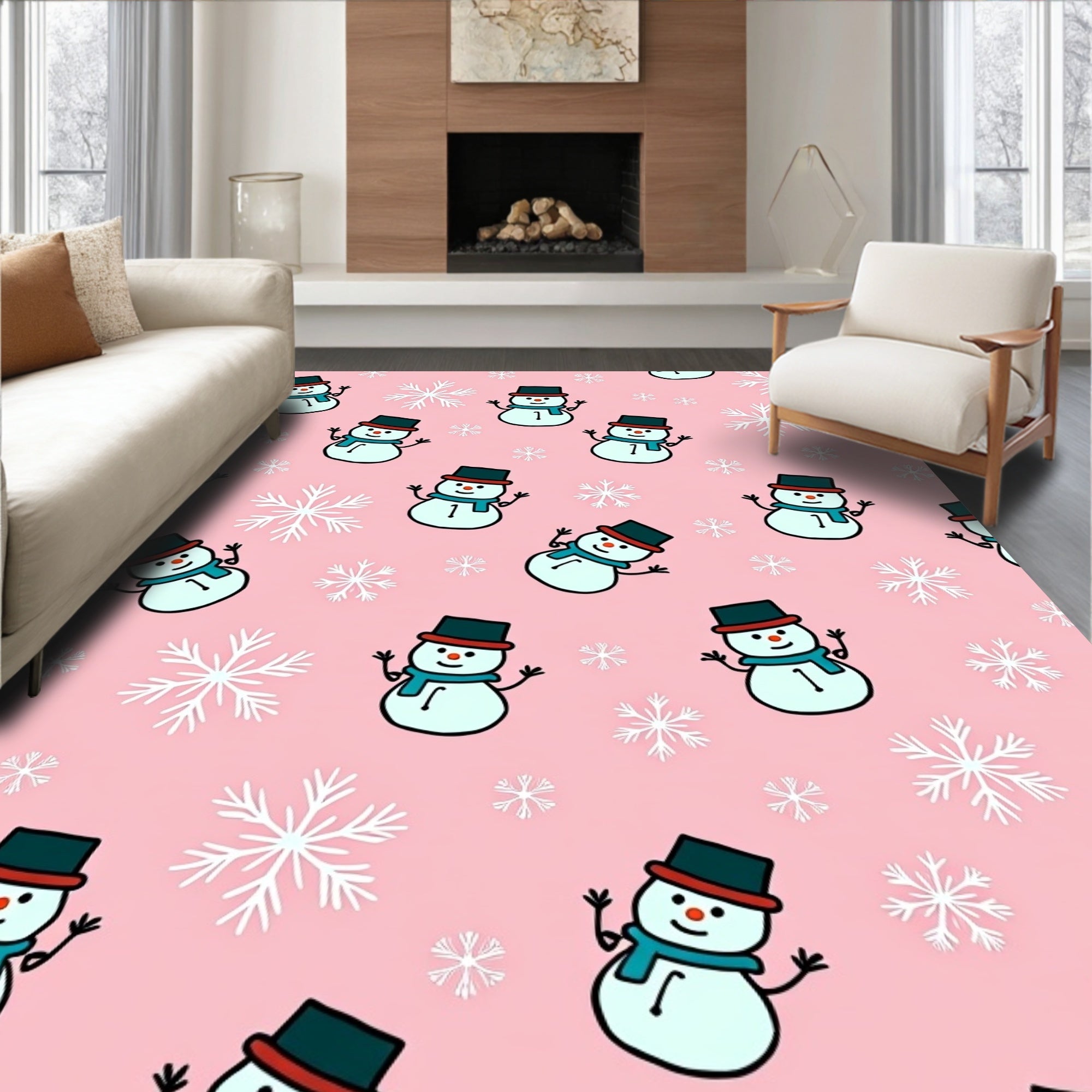 Pink Snowman Snowflake Festive Background Rug