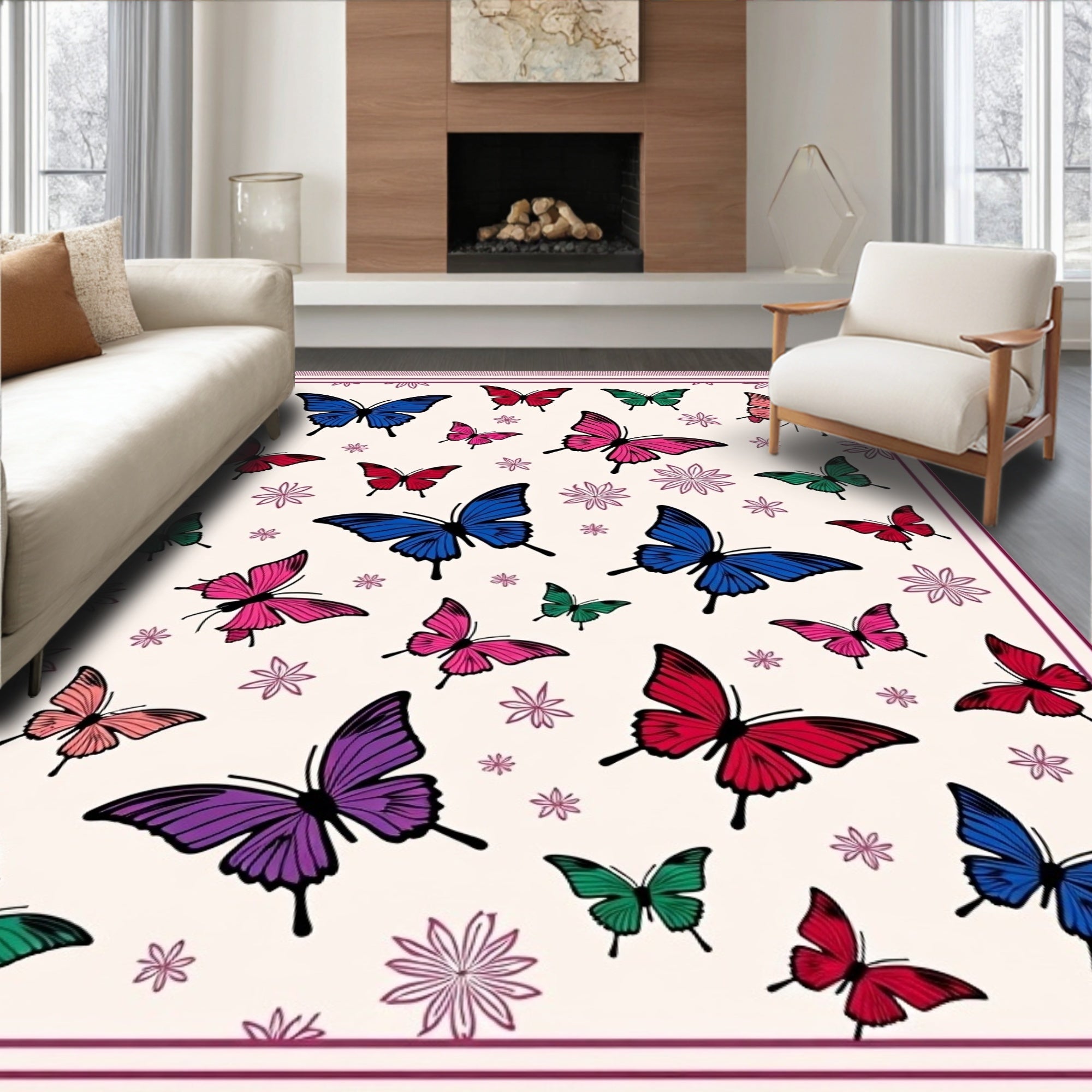 Multi-Colored Butterfly Garden Whimsy Rug
