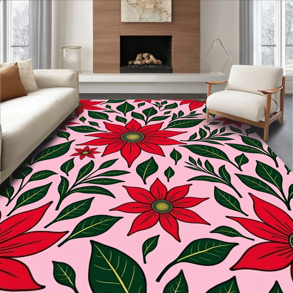 Red Floral Garland Pink Background Rug