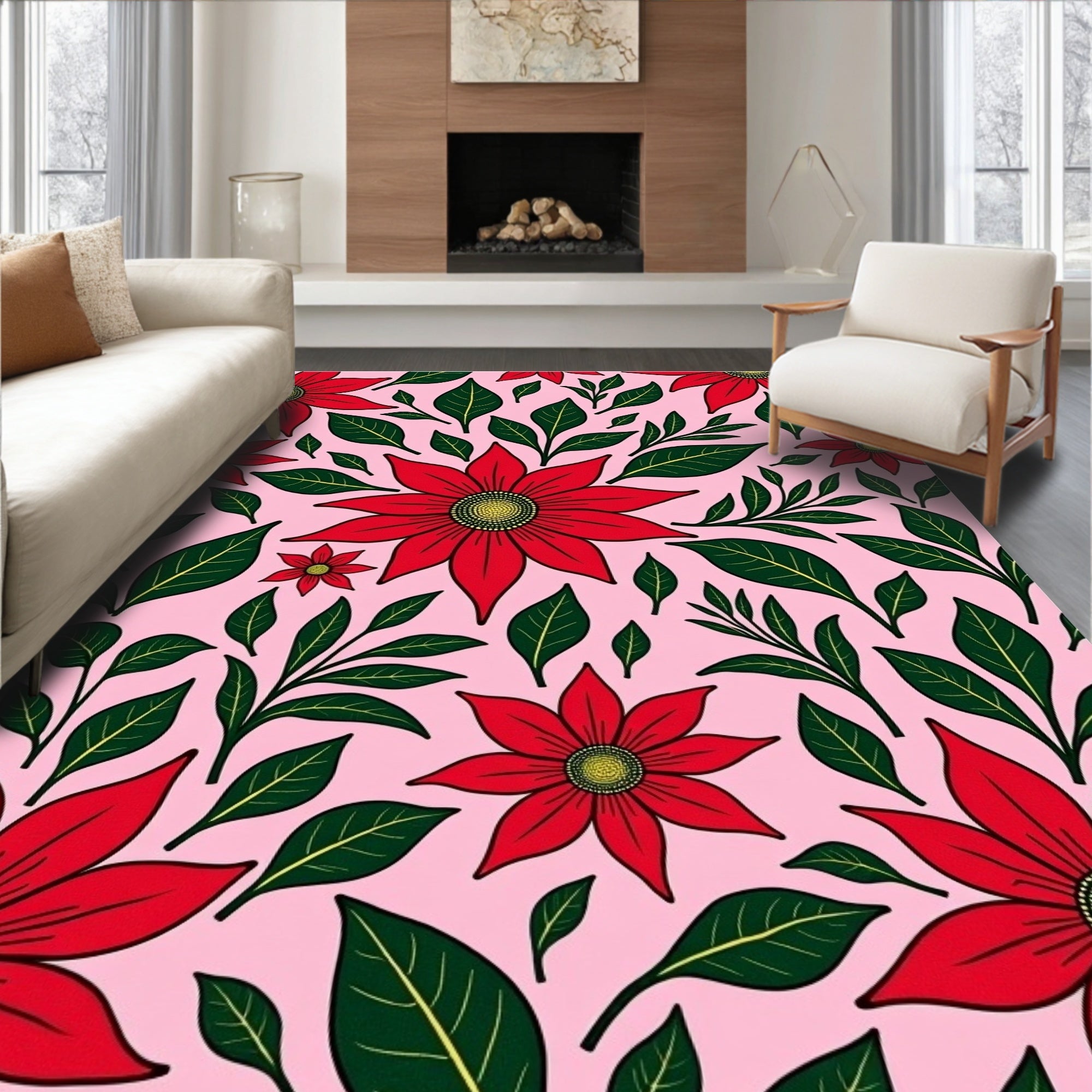 Red Floral Garland Pink Background Rug
