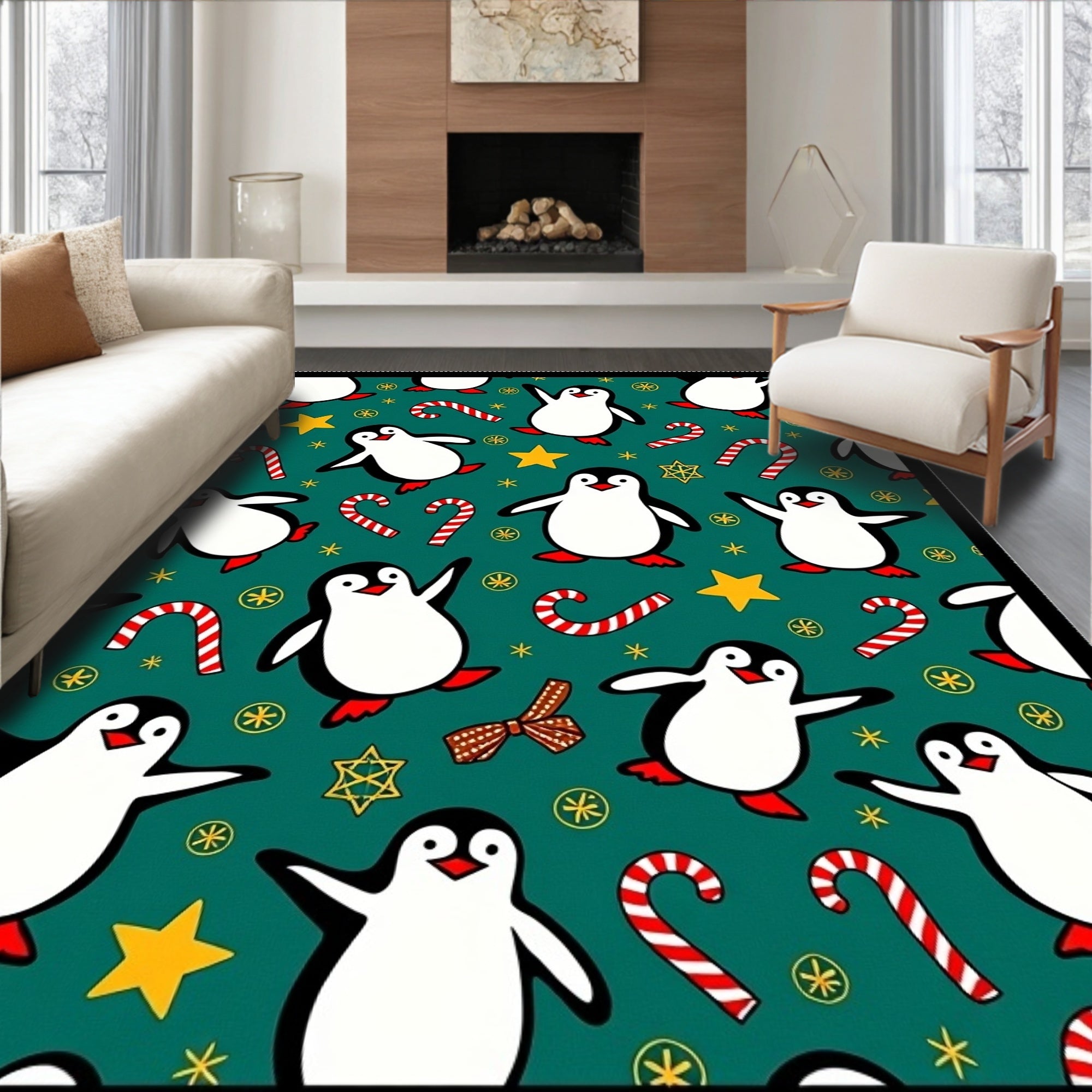 Festive Penguin Candy Cane Star Collage Rug