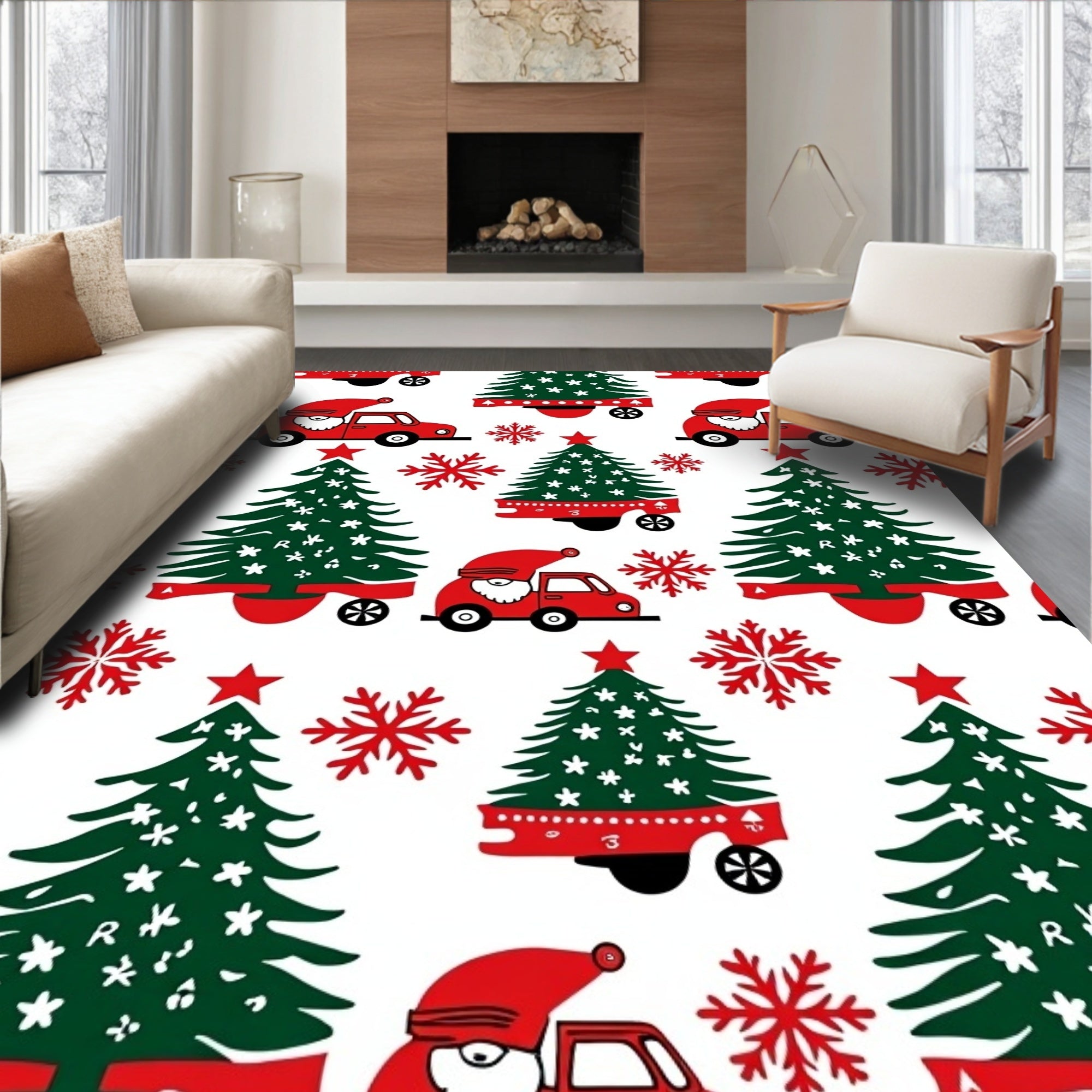 Cheery Red Santa Car Christmas Trees Rug