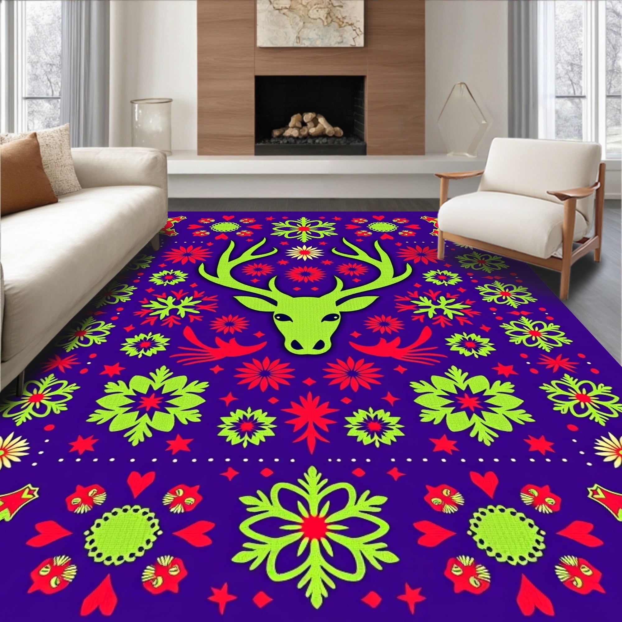 Vibrant Green Deer Folklore Blooms Rug
