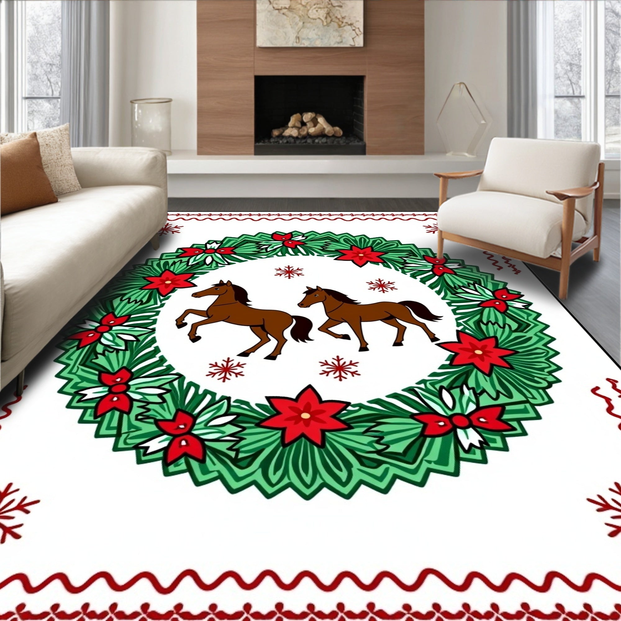 Brown Horses Festive Wreath Red Elements Rug