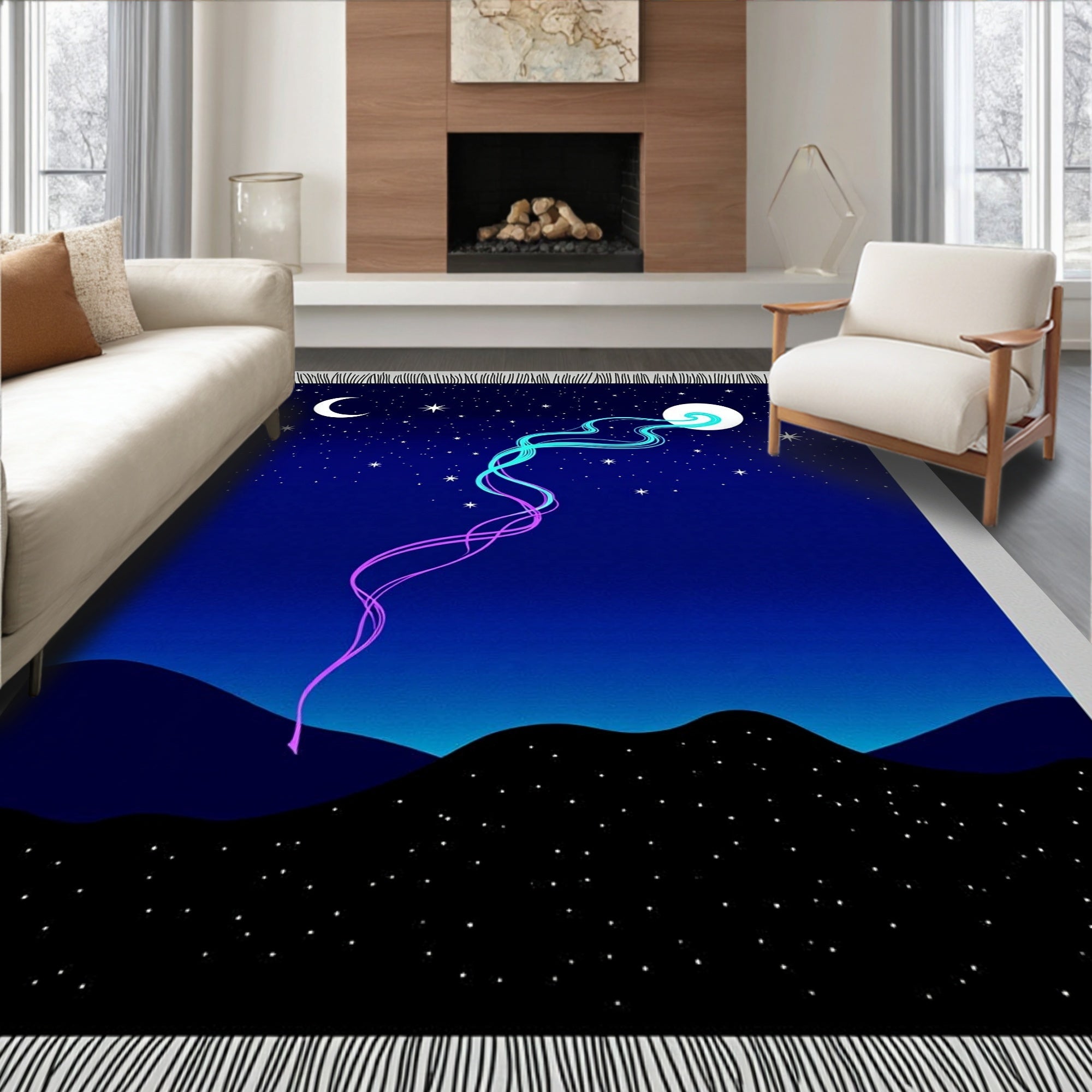 Celestial Moon And Stars Swirl Rug