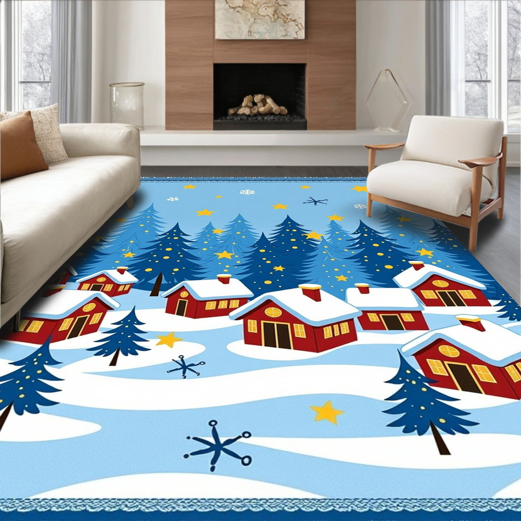 Cozy Winter Village Blue Spruce Stars Rug