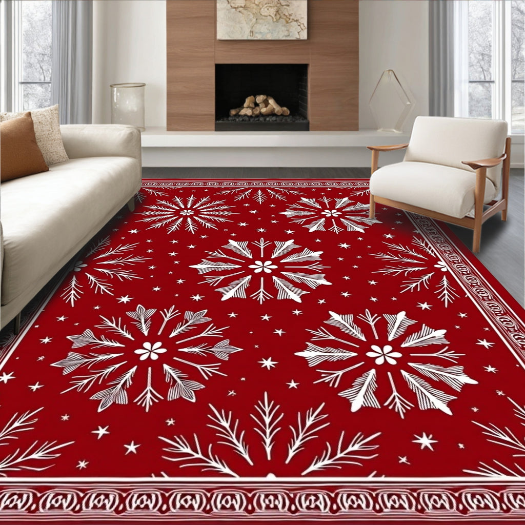 Deep Red Snowflakes Scattered Stars Rug