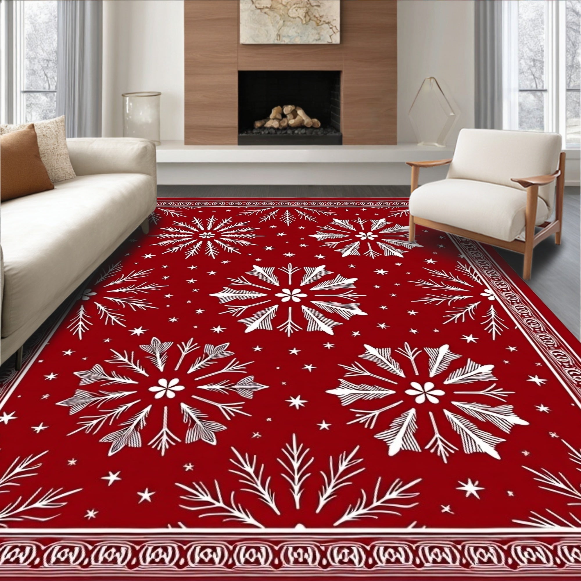 Deep Red Snowflakes Scattered Stars Rug
