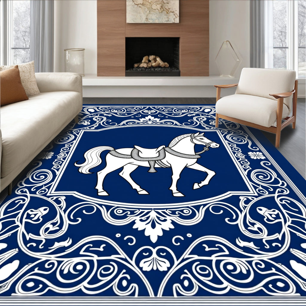 Regal White Horse Blue Medallion Border Rug