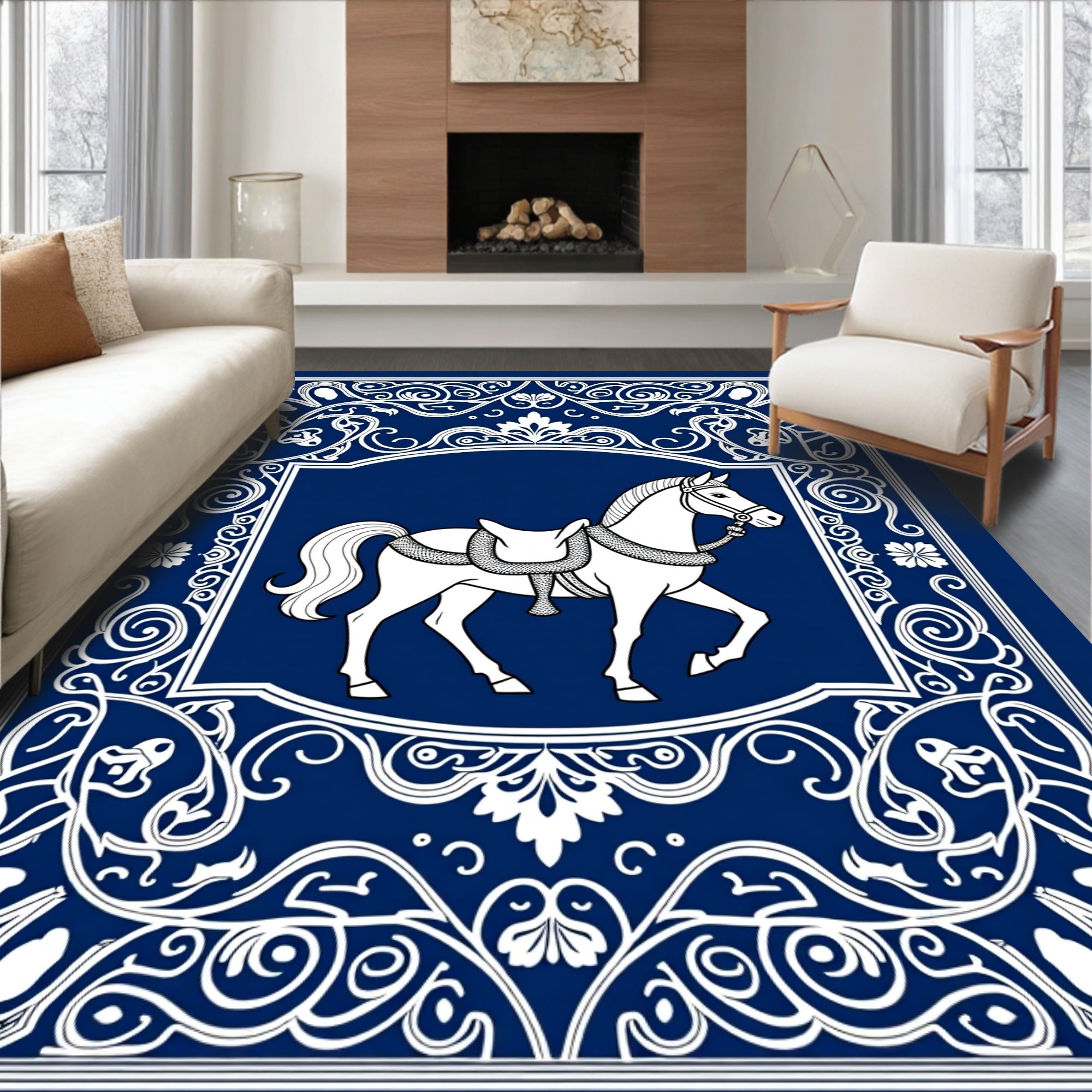 Regal White Horse Blue Medallion Border Rug