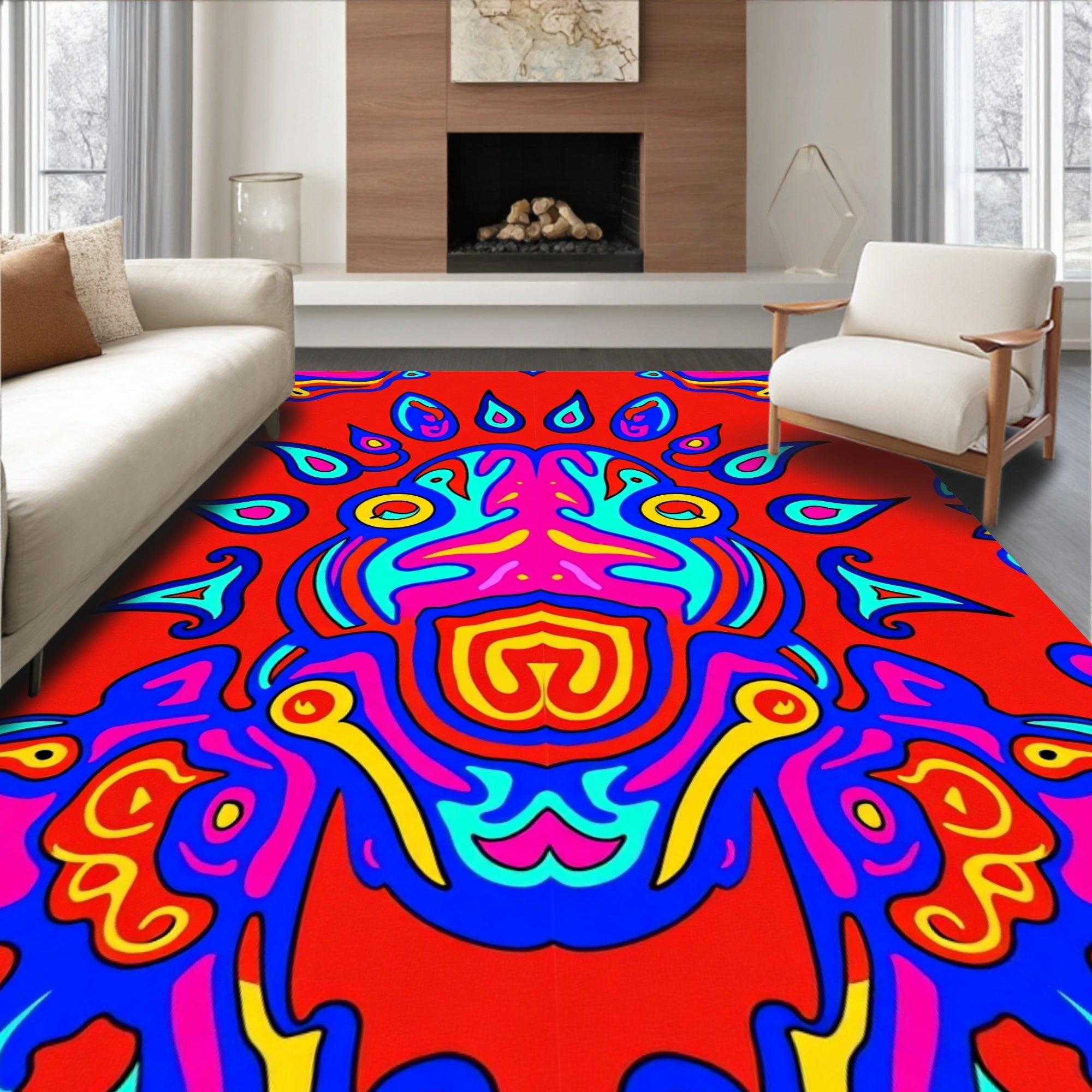 Vivid Red Psychedelic Abstract Face Rug