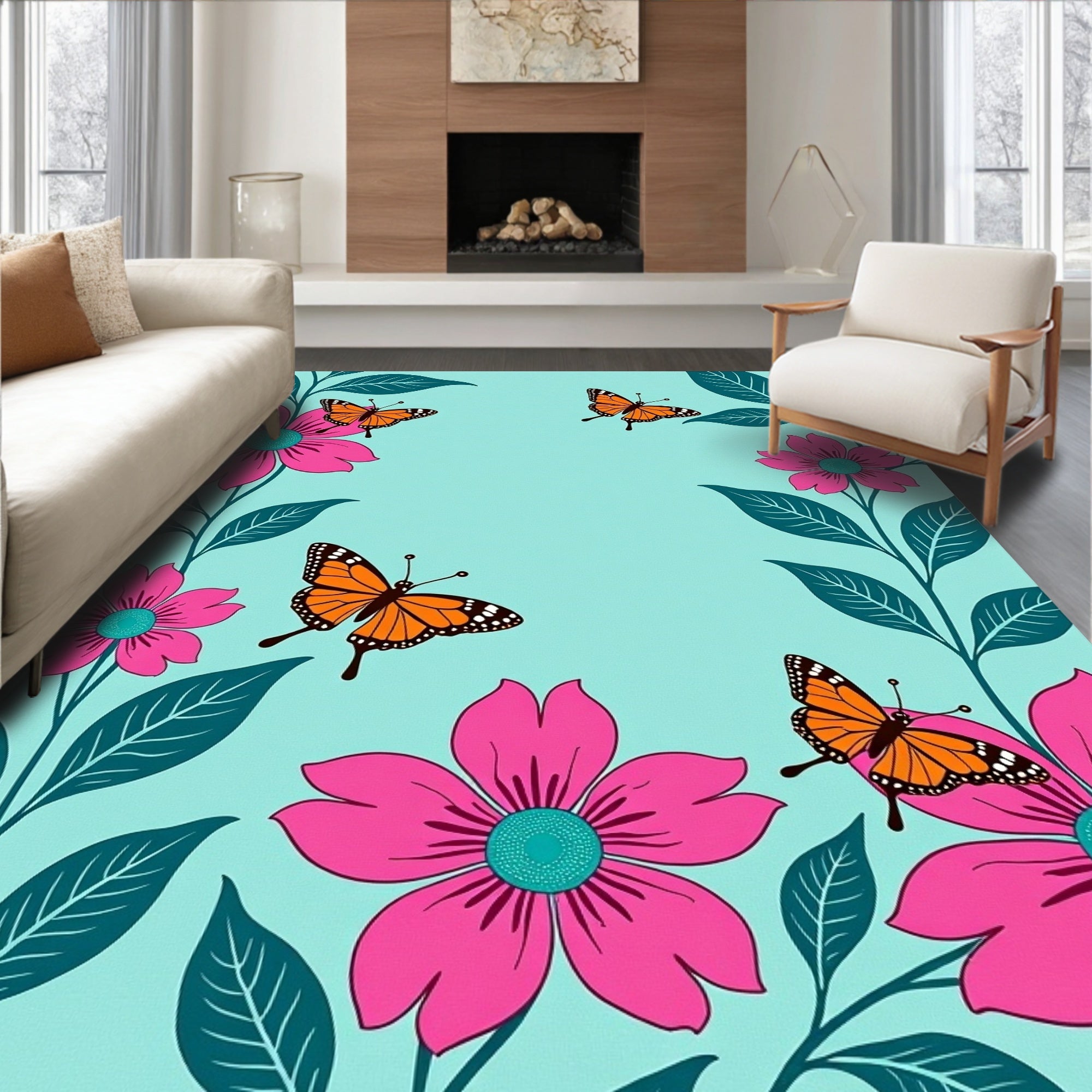 Bright Pink Floral Orange Butterfly Garden Rug