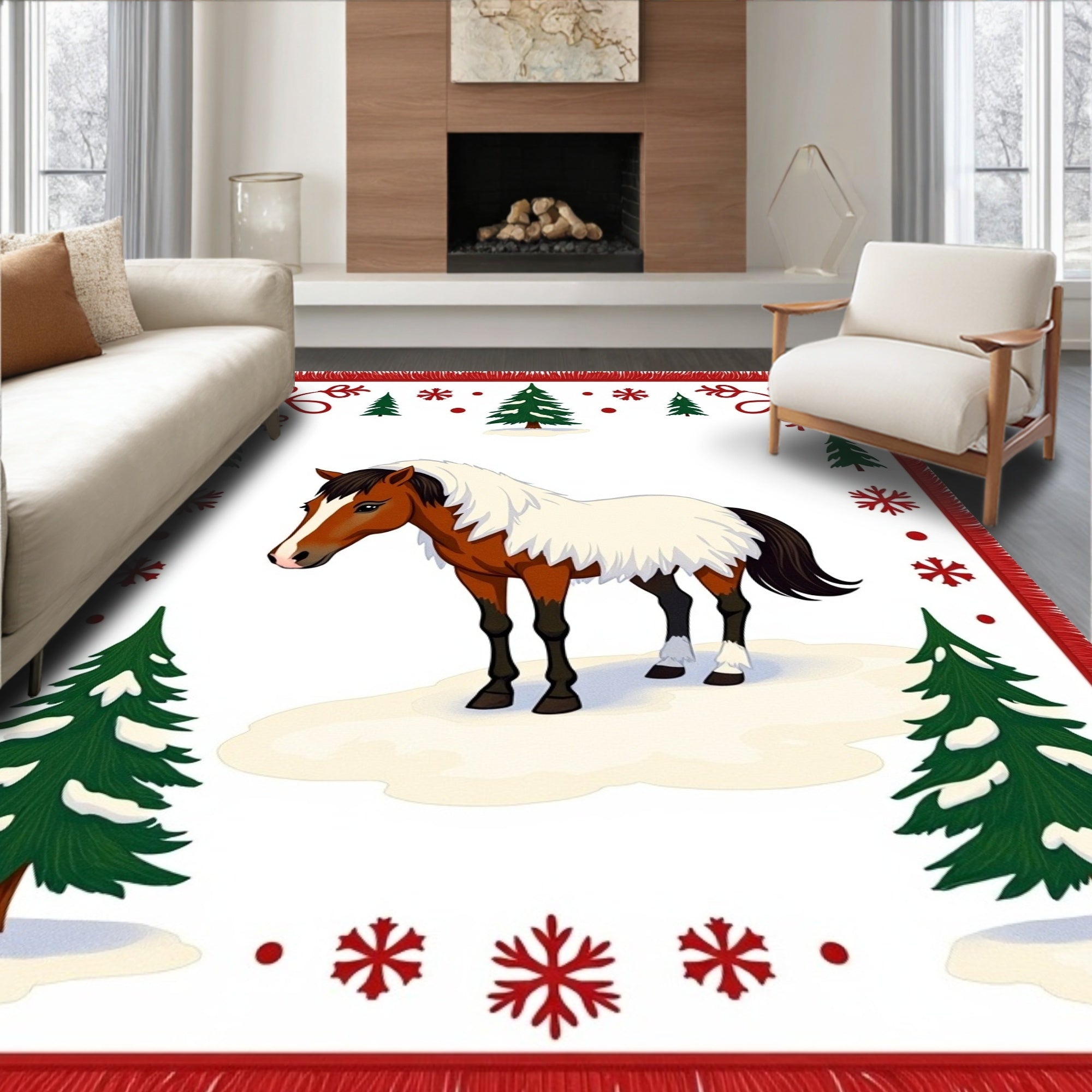 Brown Horse Winter Snowflake Trees Rug