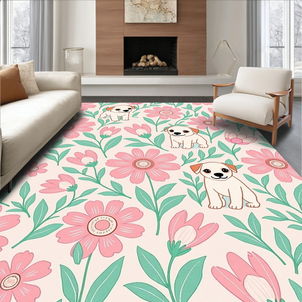 Playful Puppy Pink Floral Garden Scene Rug