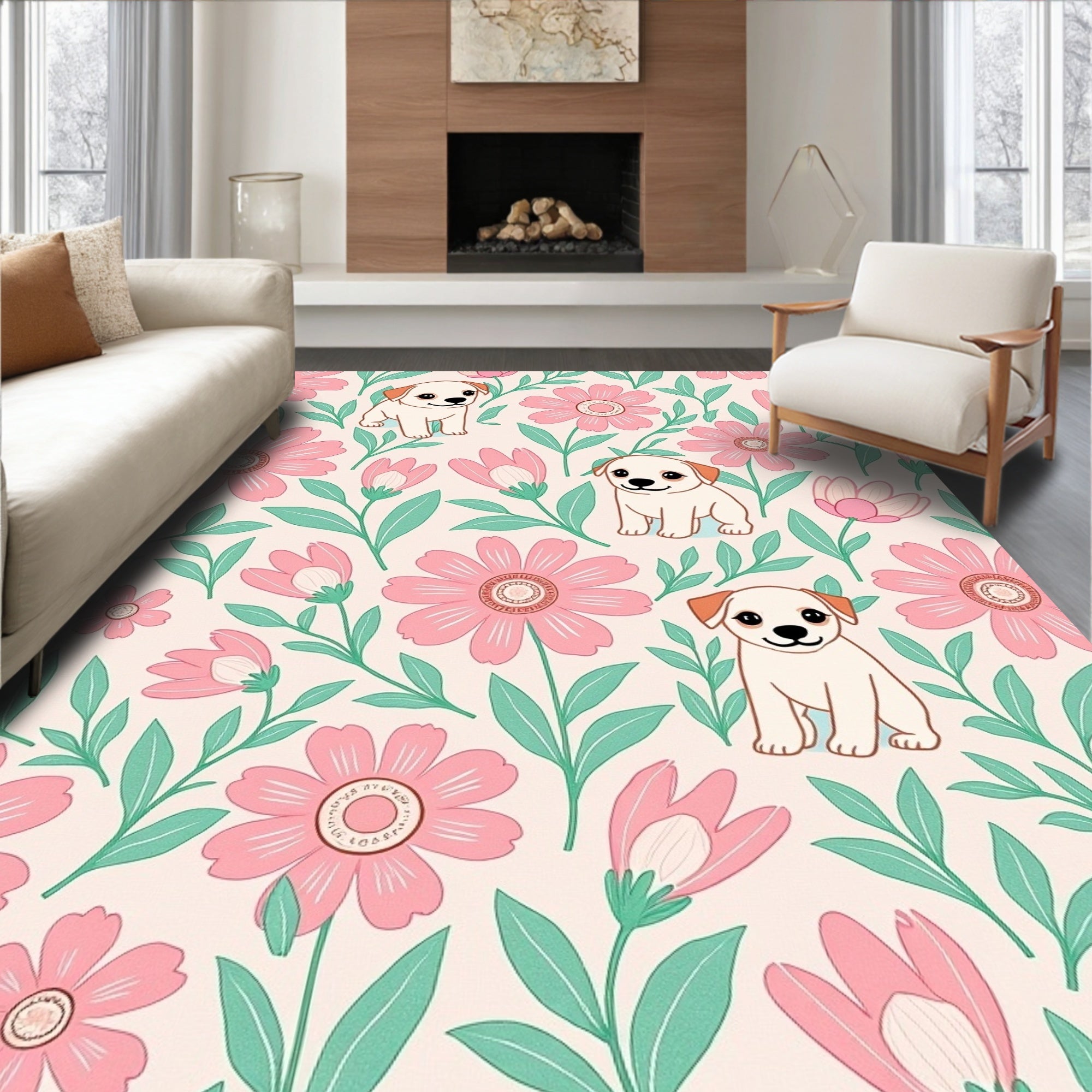 Playful Puppy Pink Floral Garden Scene Rug