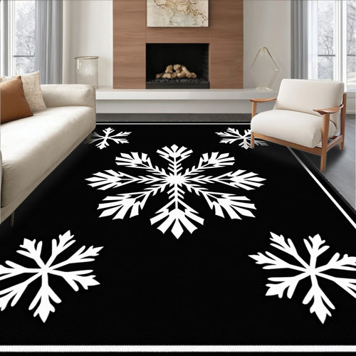 Black White Snowflakes Scattered Accent Rug
