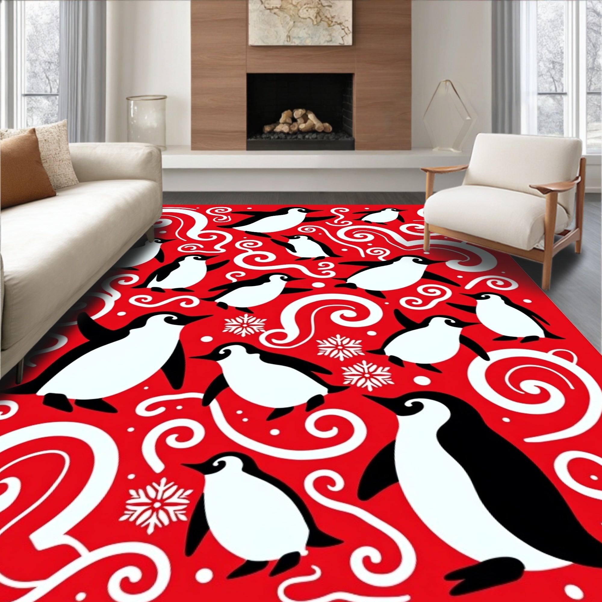 Playful Red Penguin Swirl Holiday Rug