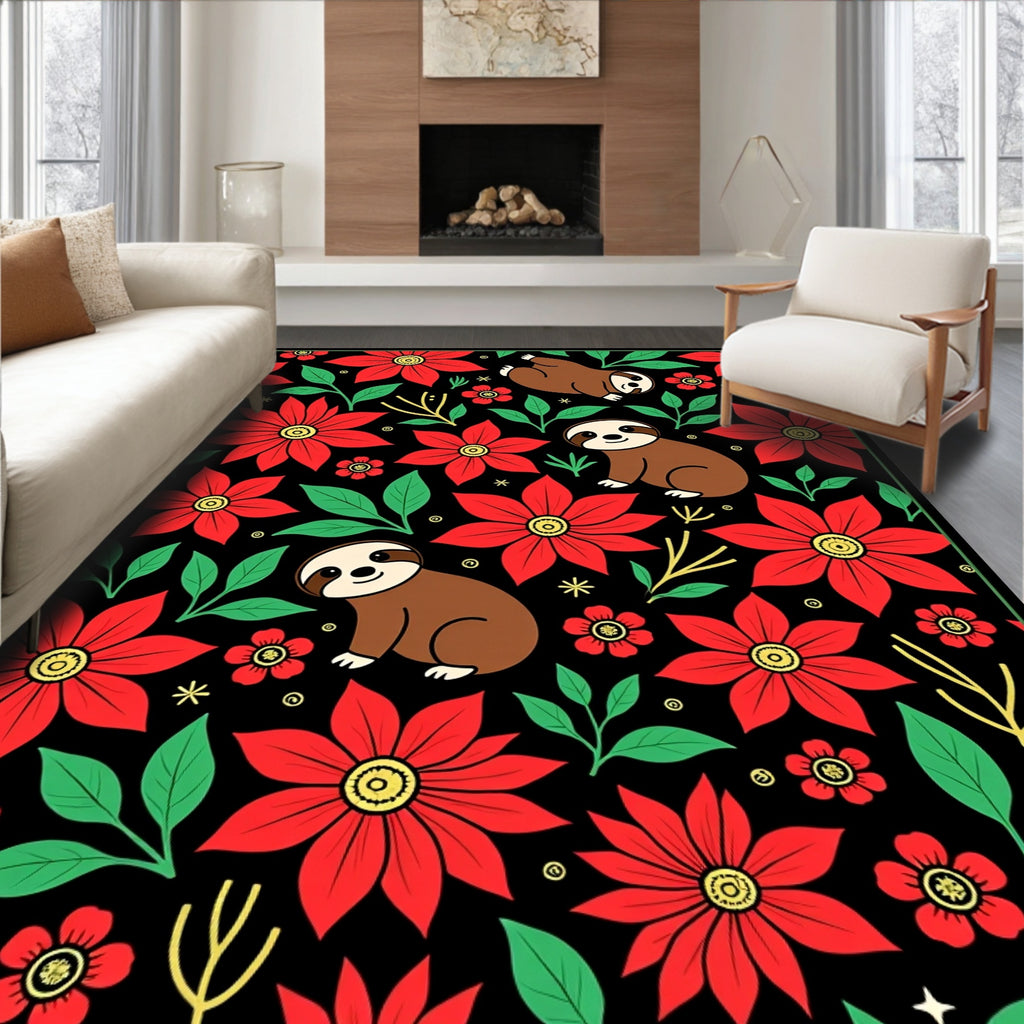 Whimsical Red Flower Sloth Garden Rug