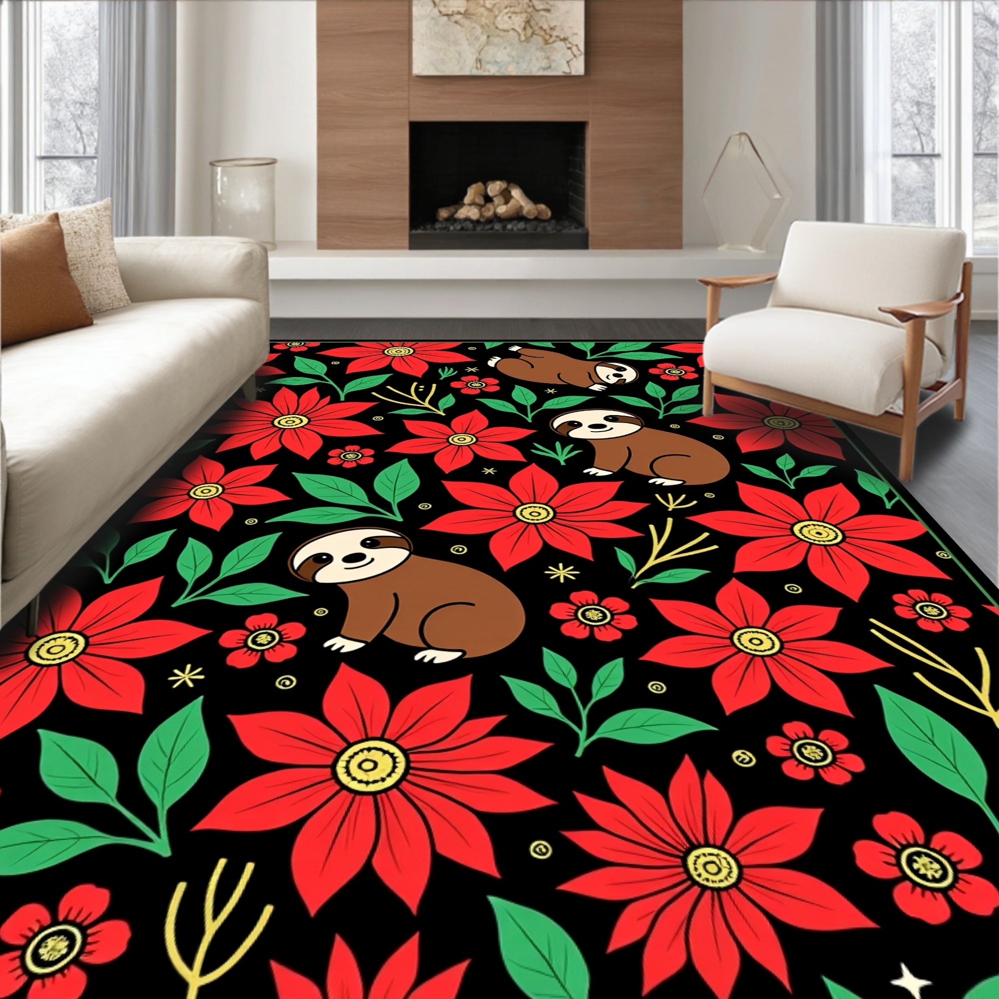 Whimsical Red Flower Sloth Garden Rug