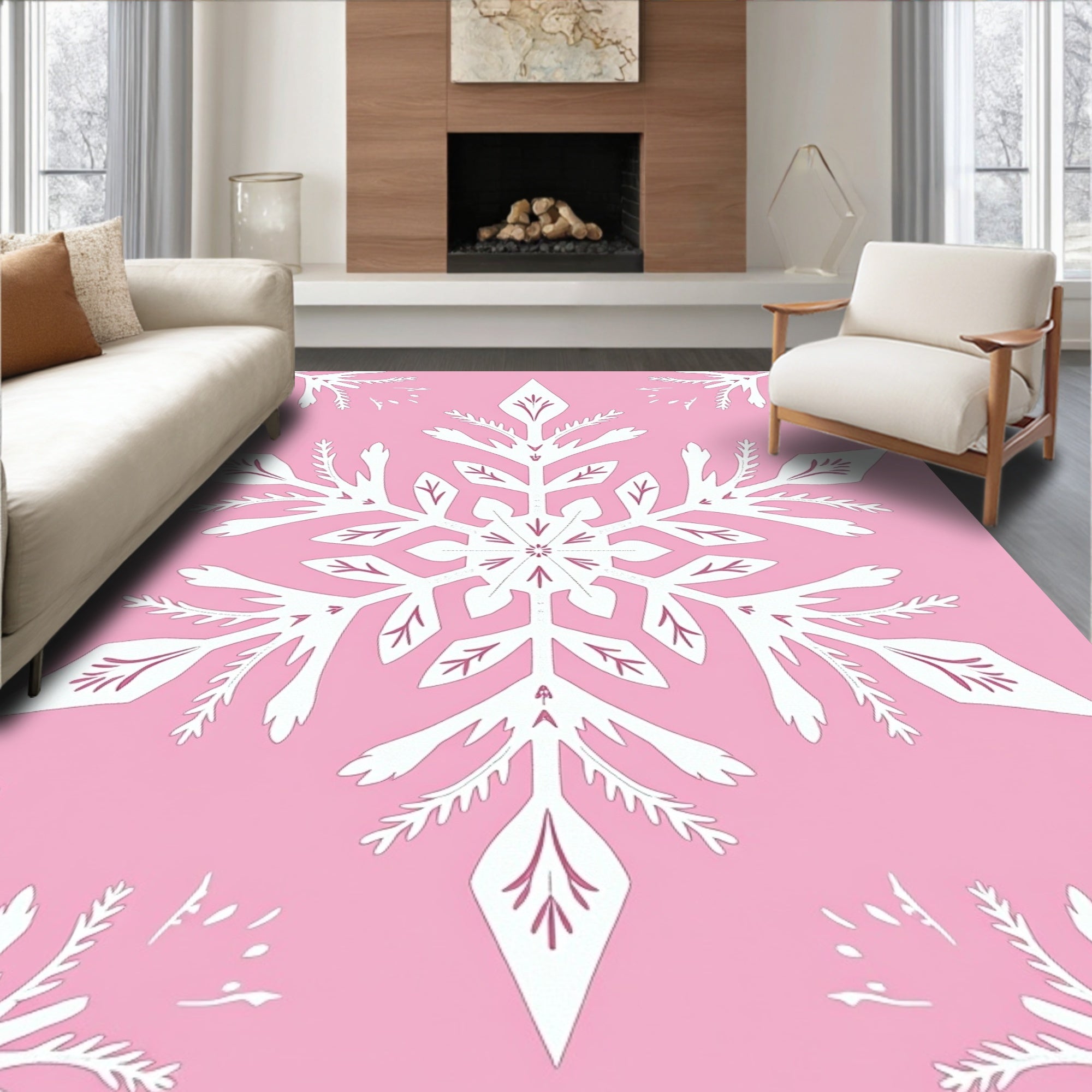 White Snowflake Pink Winter Wonder Rug