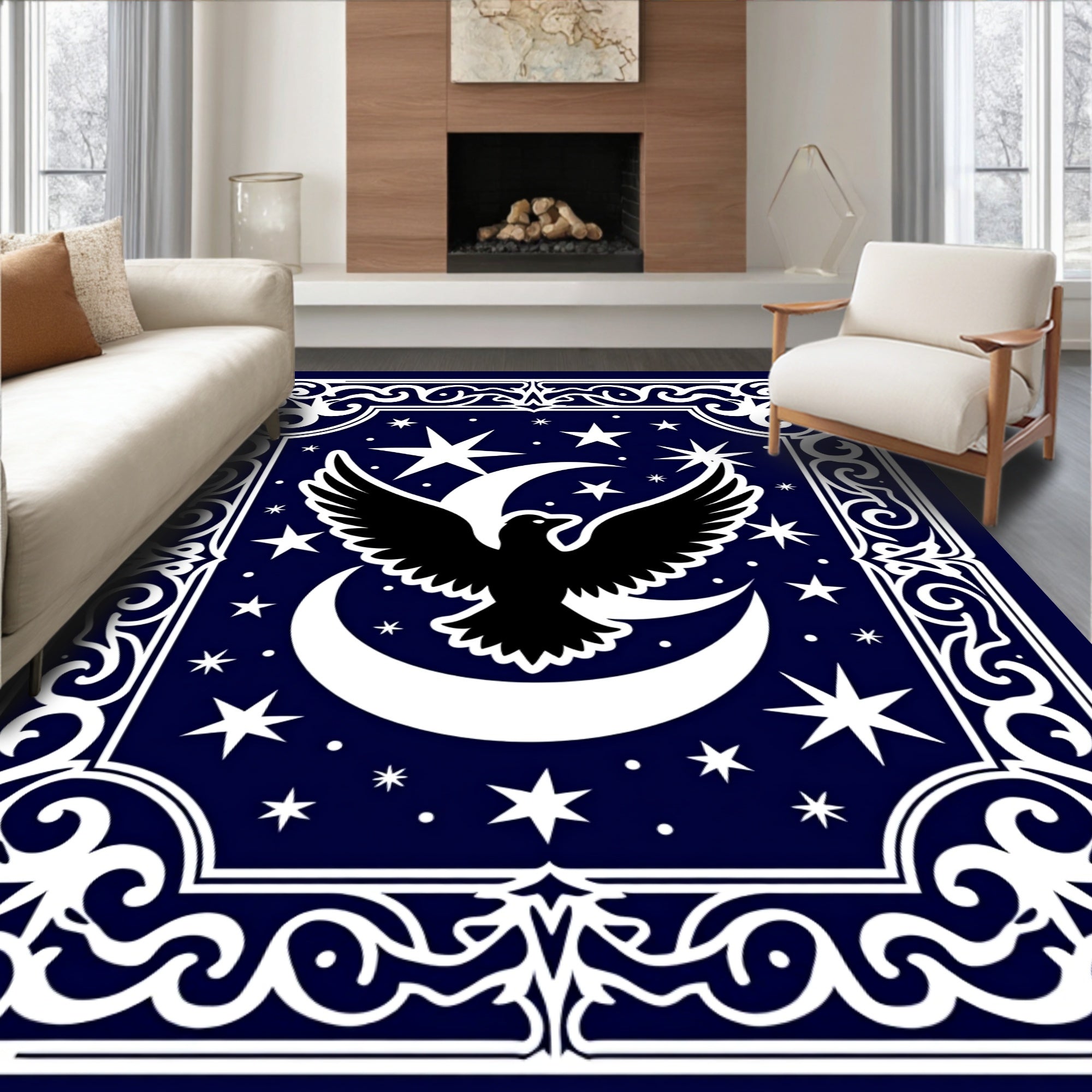 Midnight Eagle Crescent Moon Stars Rug