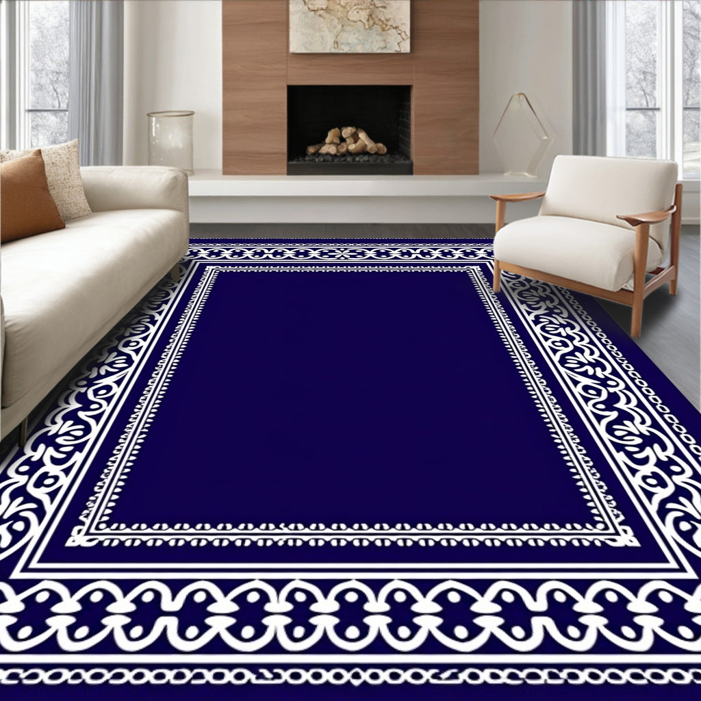 Deep Navy White Ornate Border Rug