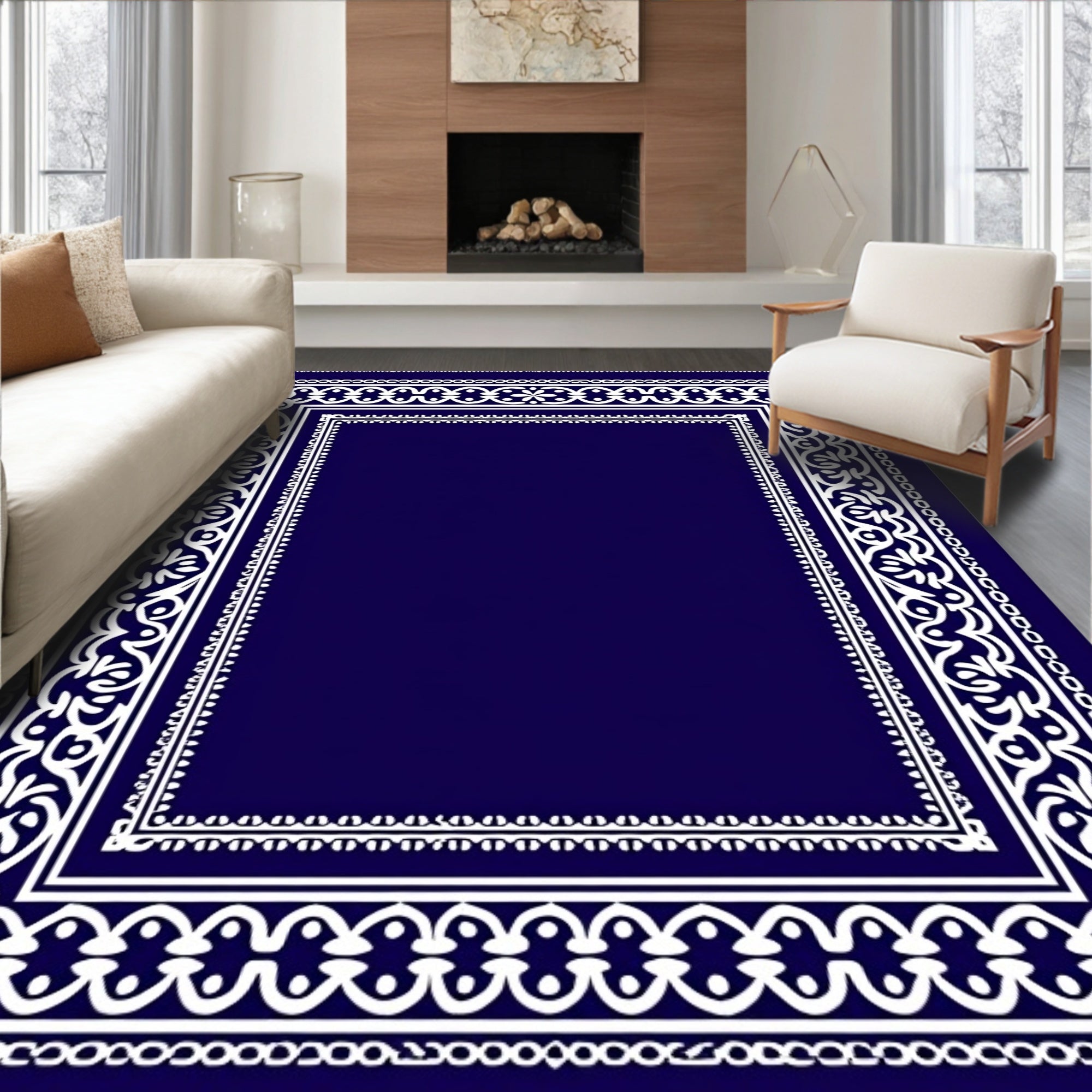Deep Navy White Ornate Border Rug