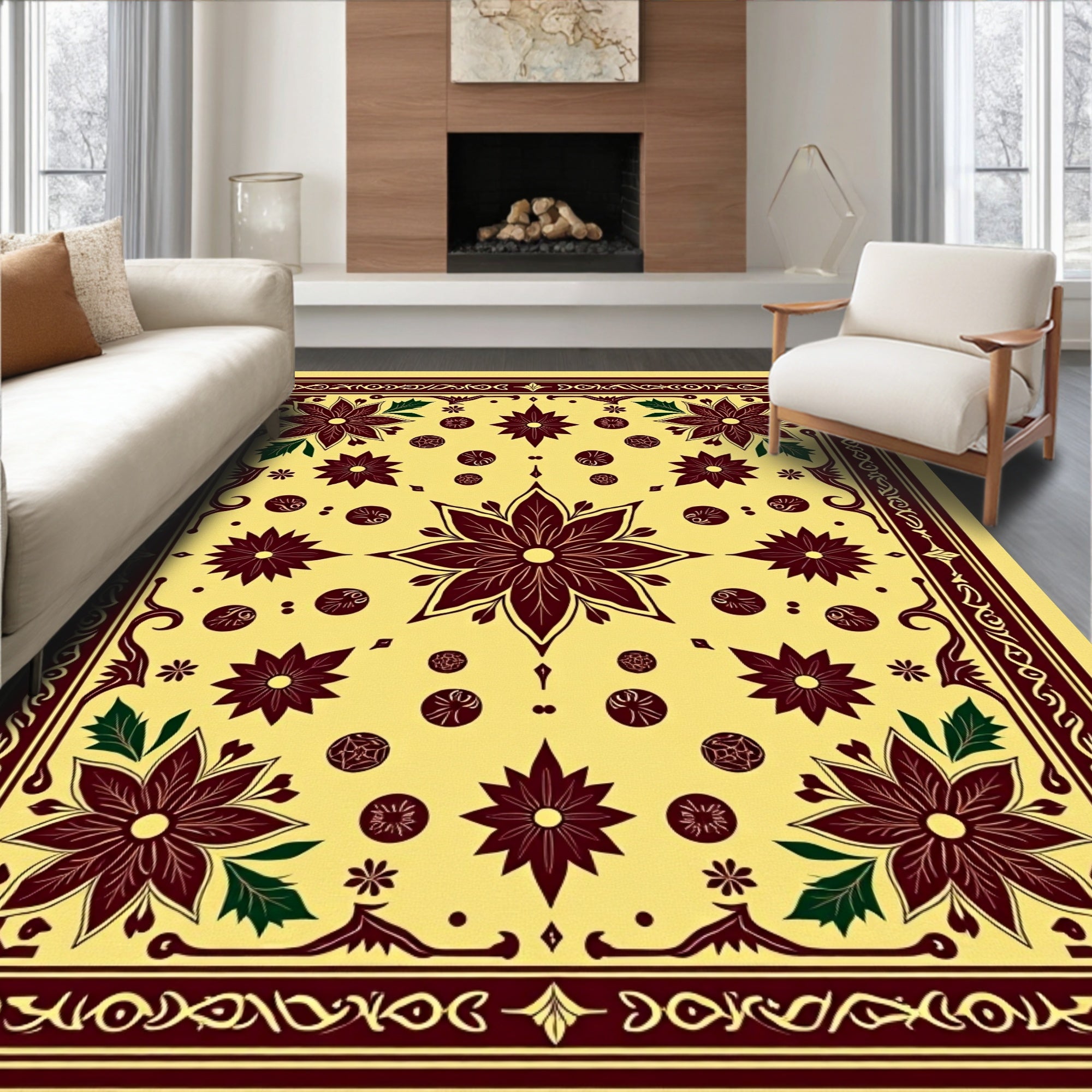 Crimson Floral Medallion Yellow Lattice Rug