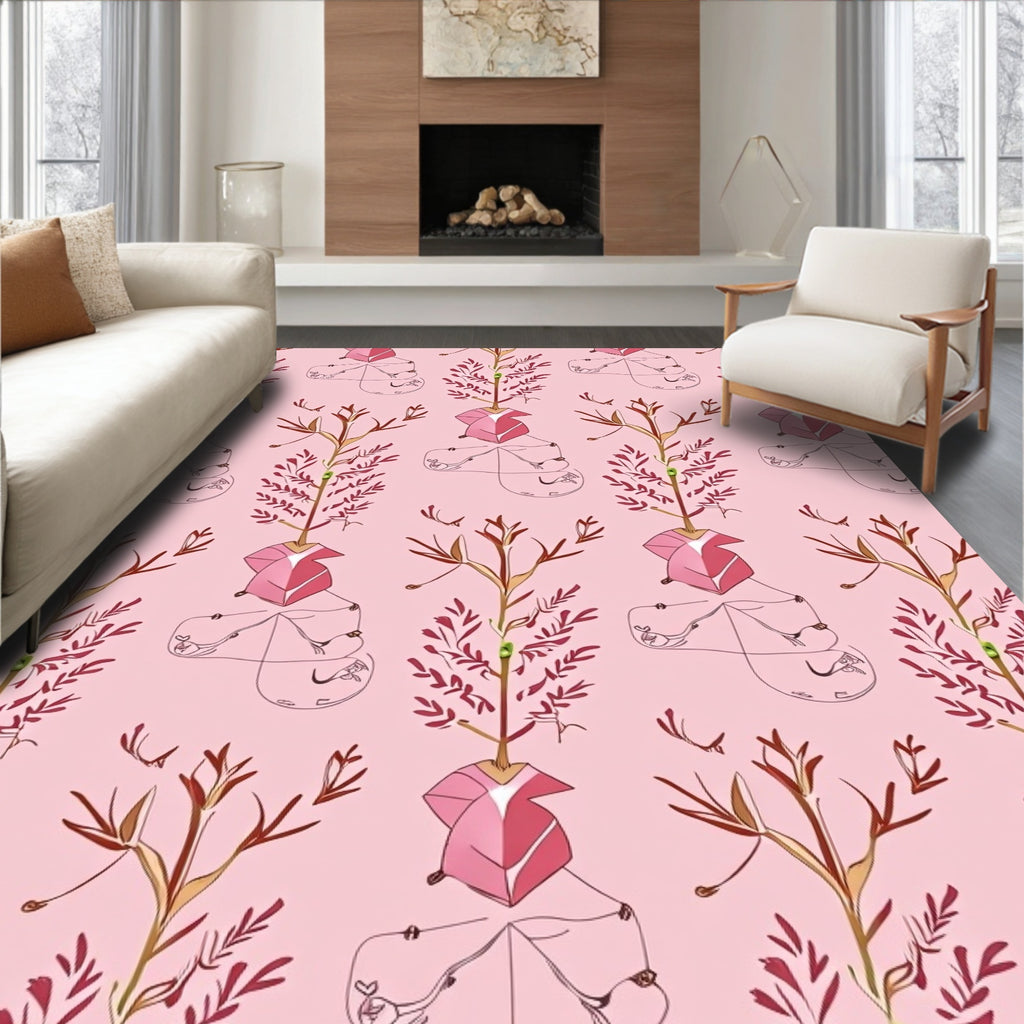 Pink Botanical Sketch Repeating Pattern Rug