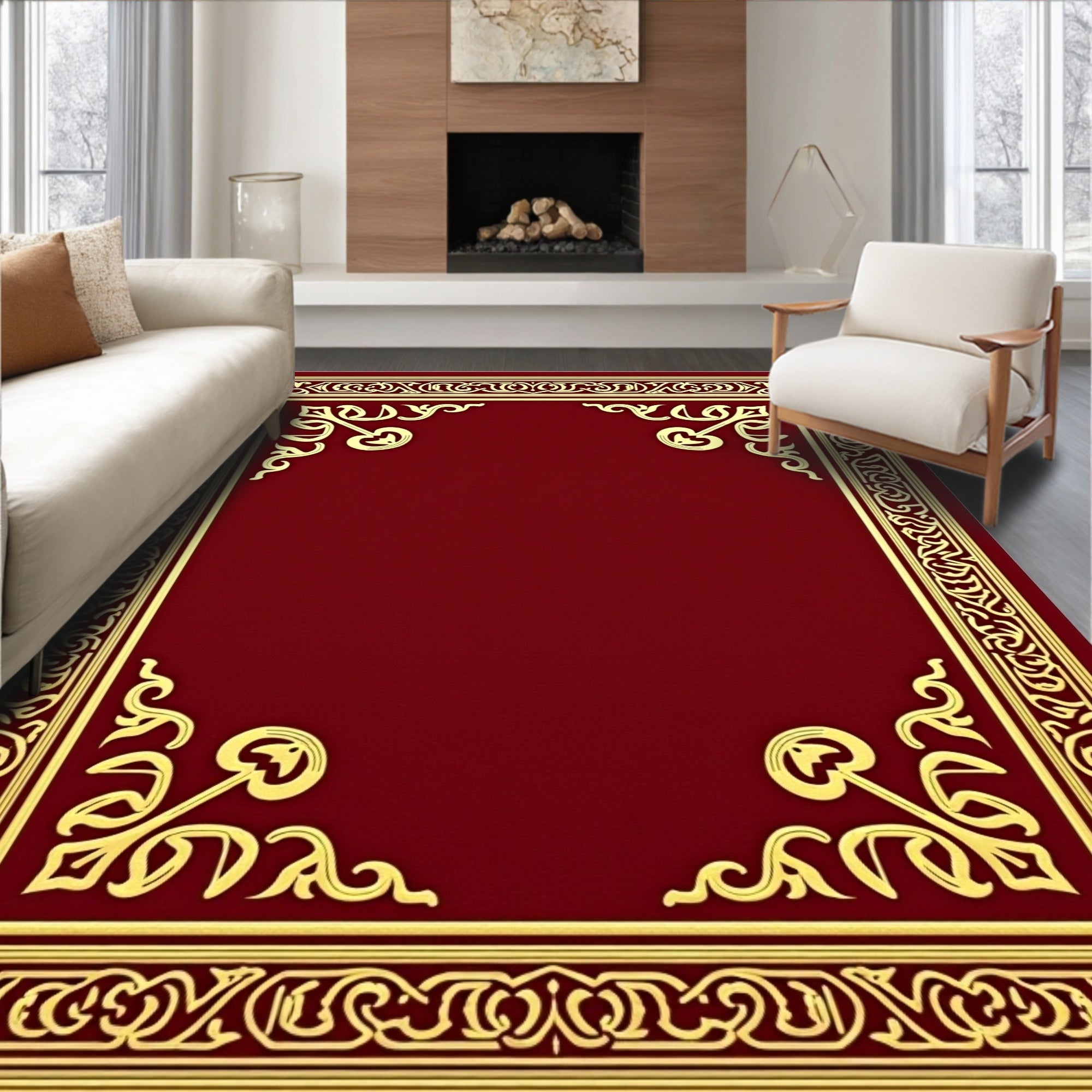 Rich Crimson Golden Ornate Scroll Rug