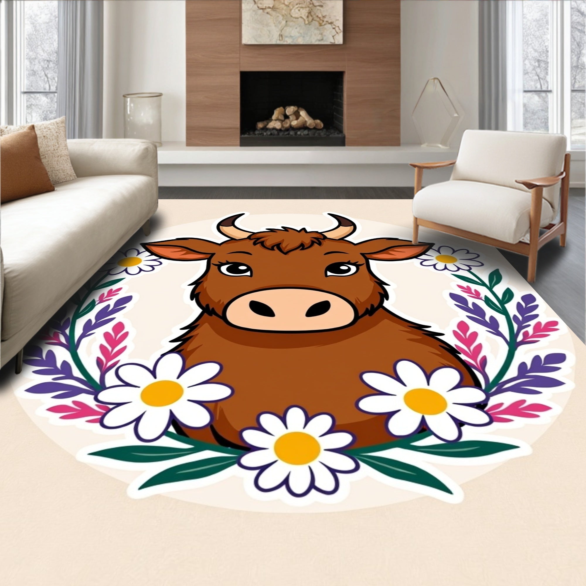 Cute Brown Cow Daisy Wreath Rug