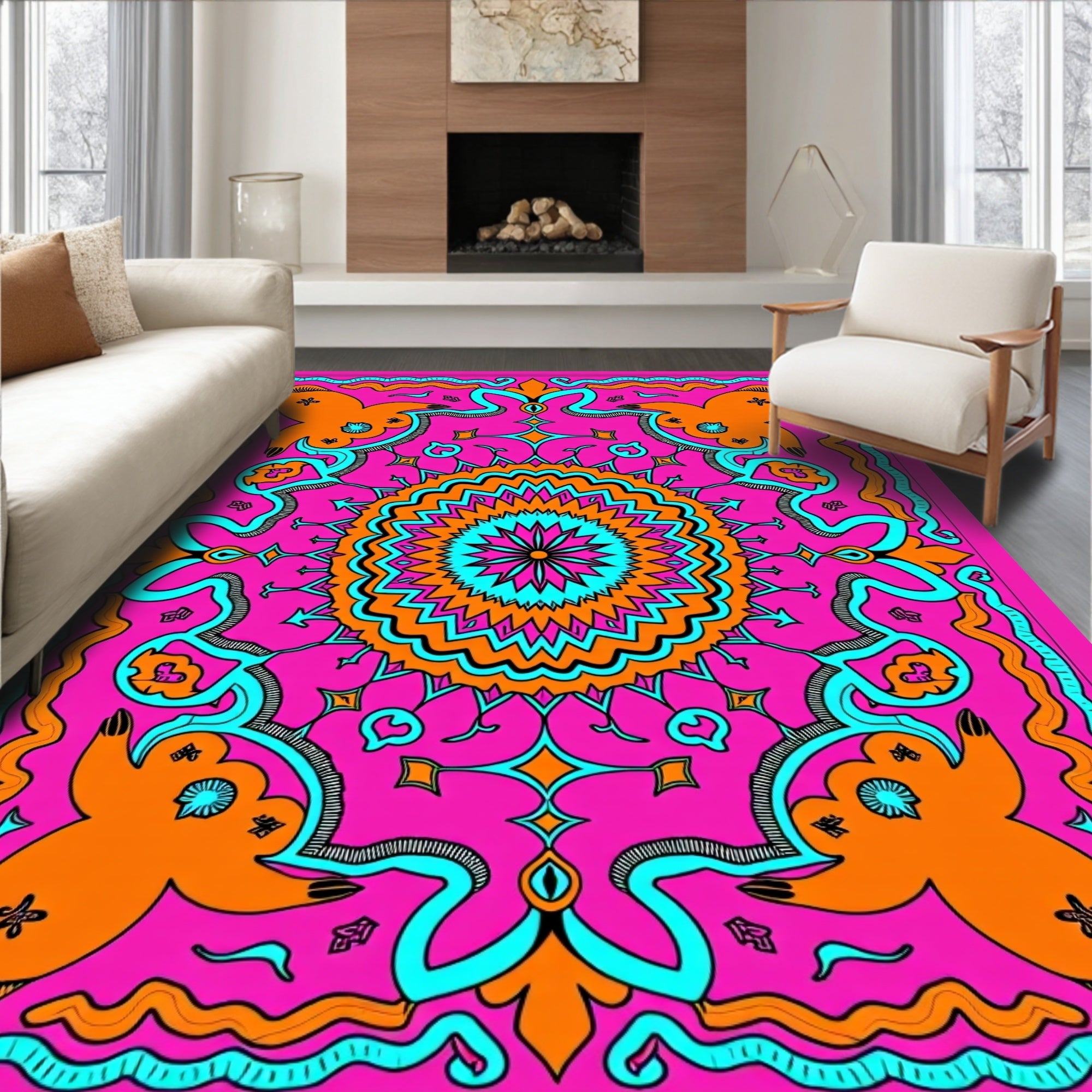 Vibrant Pink Orange Mandala Bloom Rug