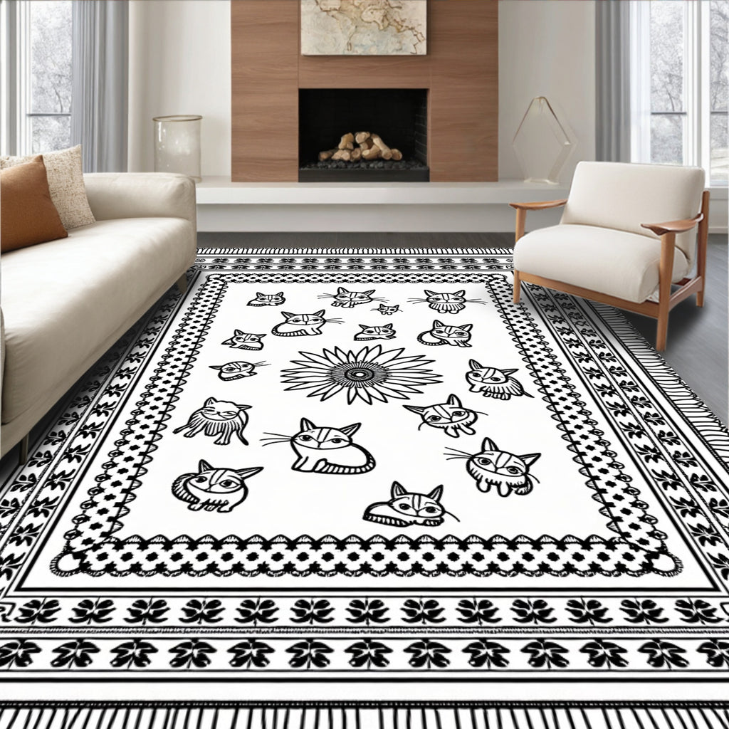 Whimsical Cat Cartoon Sunburst Border Rug