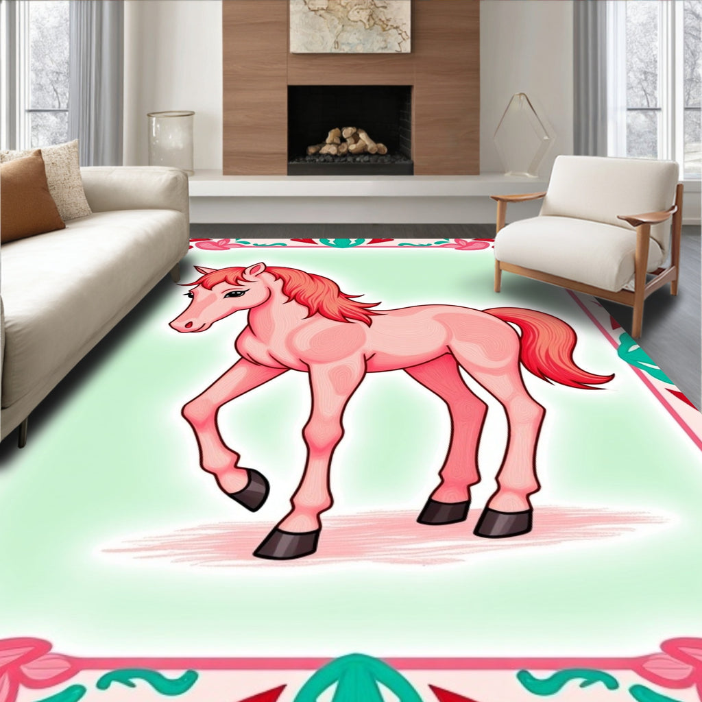 Pink Horse With Floral Border Rug