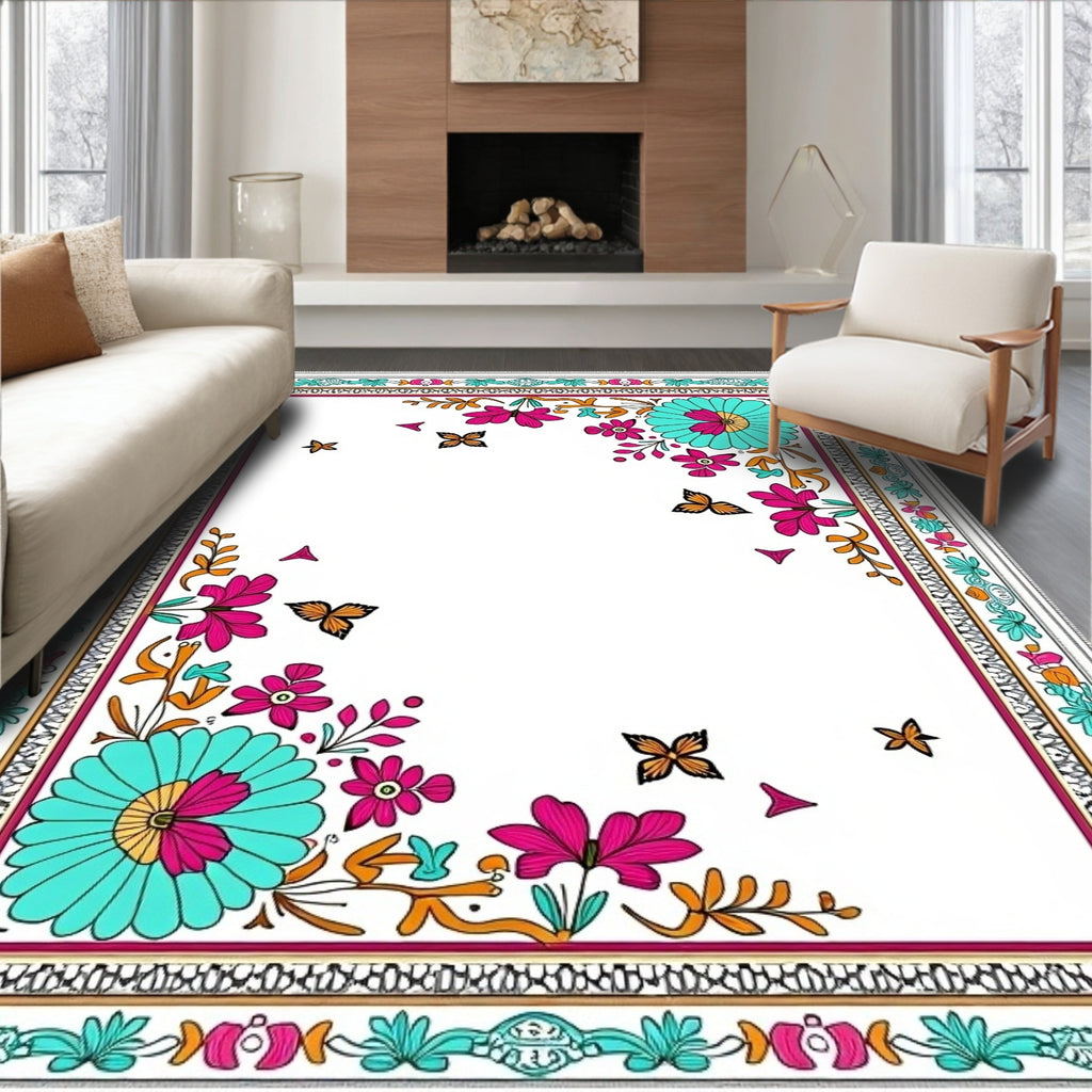 Whimsical Tropical Floral Butterfly Medallion Rug