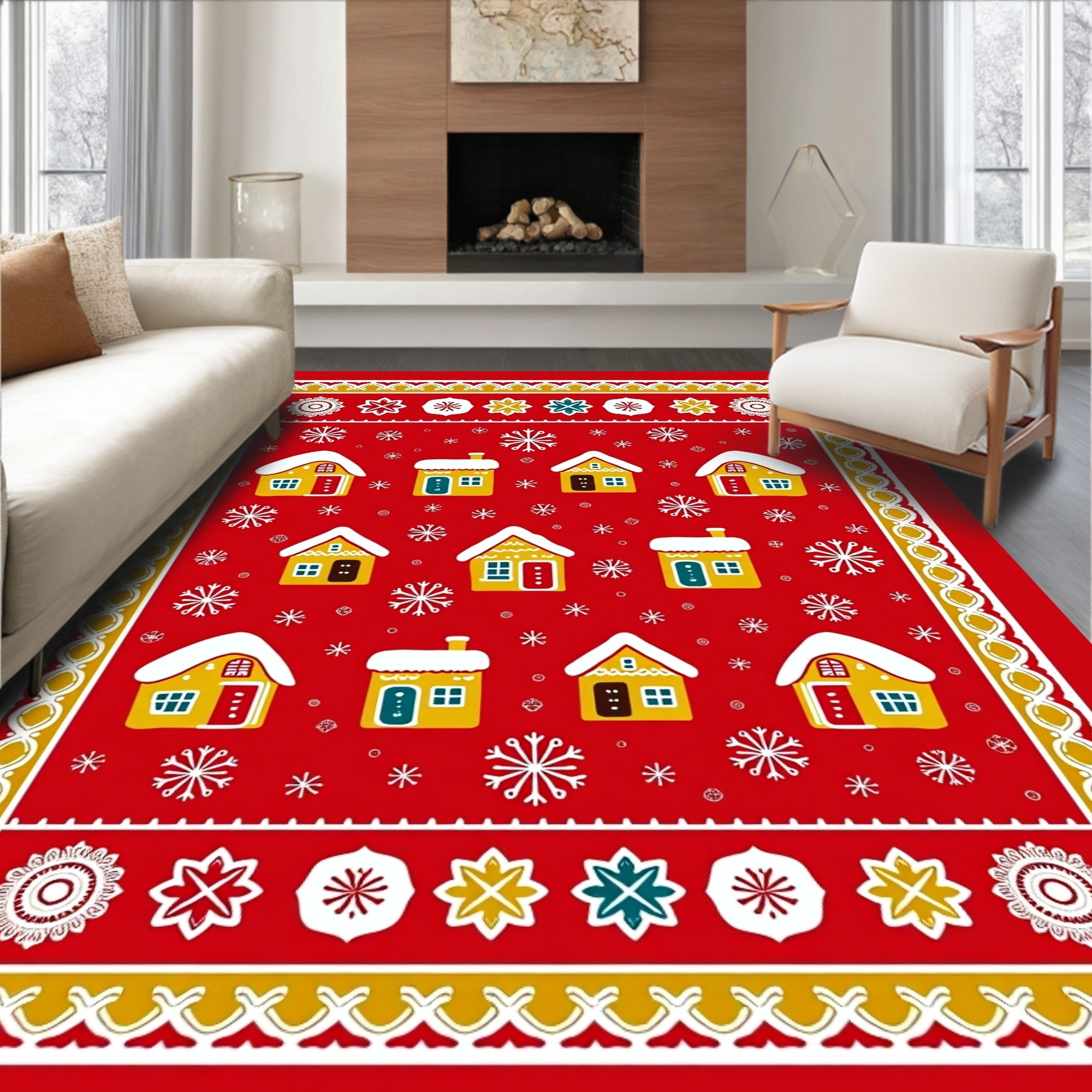 Whimsical Red Village Snowflake Rug