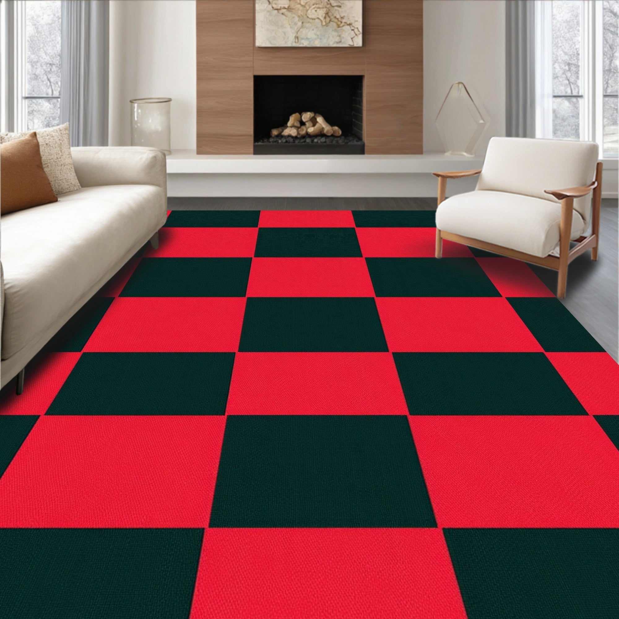 Bold Red Black Checkered Squares Rug
