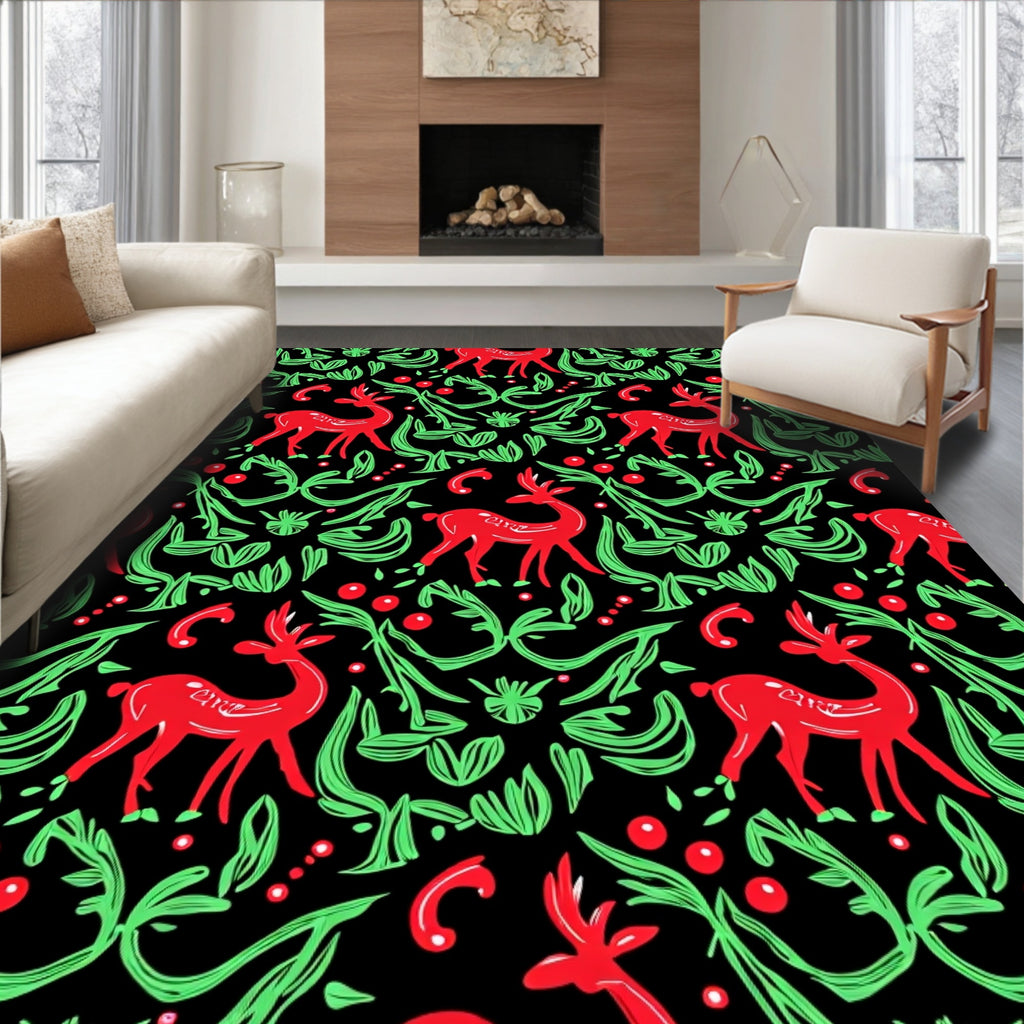 Whimsical Red Deer Green Foliage Rug