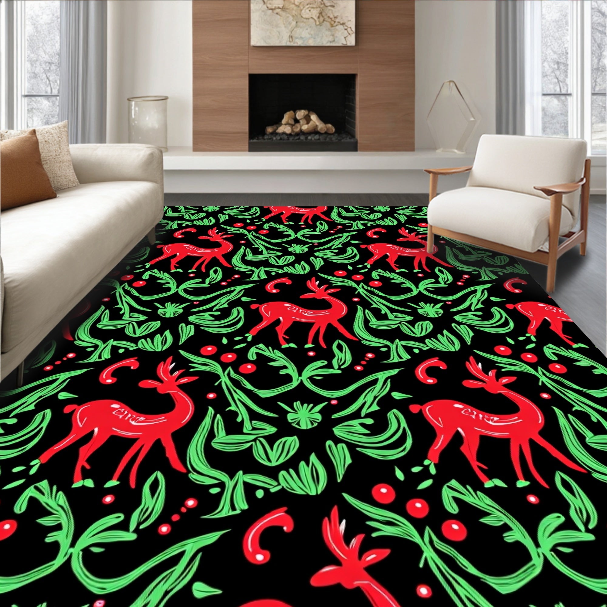 Whimsical Red Deer Green Foliage Rug