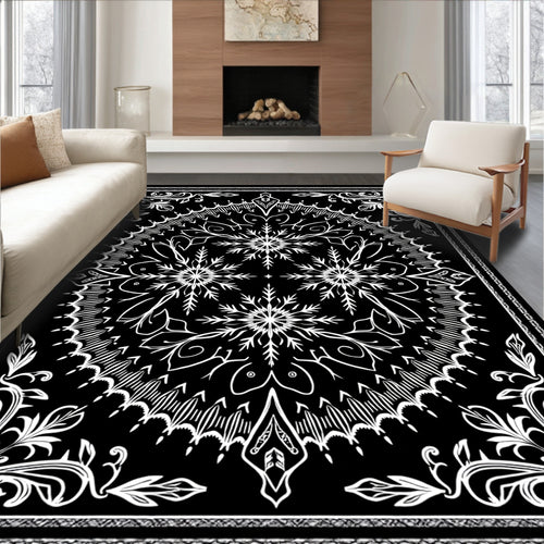 Black White Floral Snowflake Mandala Rug