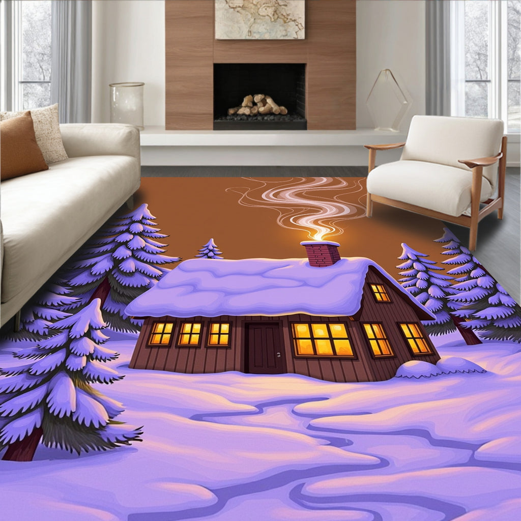 Cozy Winter Cabin Snowy Pine Forest Rug