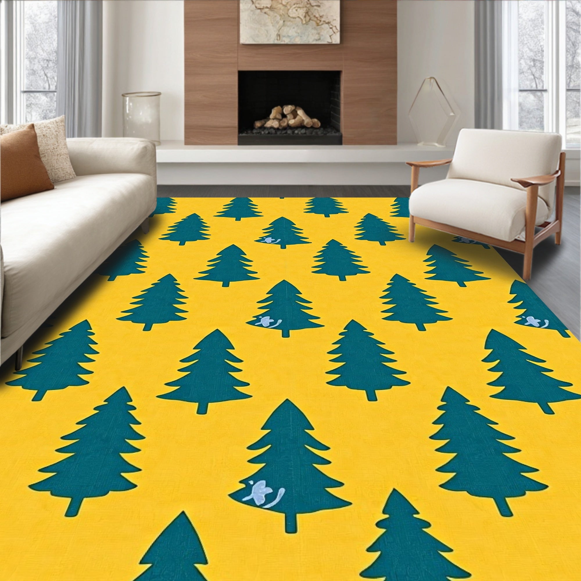 Teal Pine Forest Yellow Background Rug