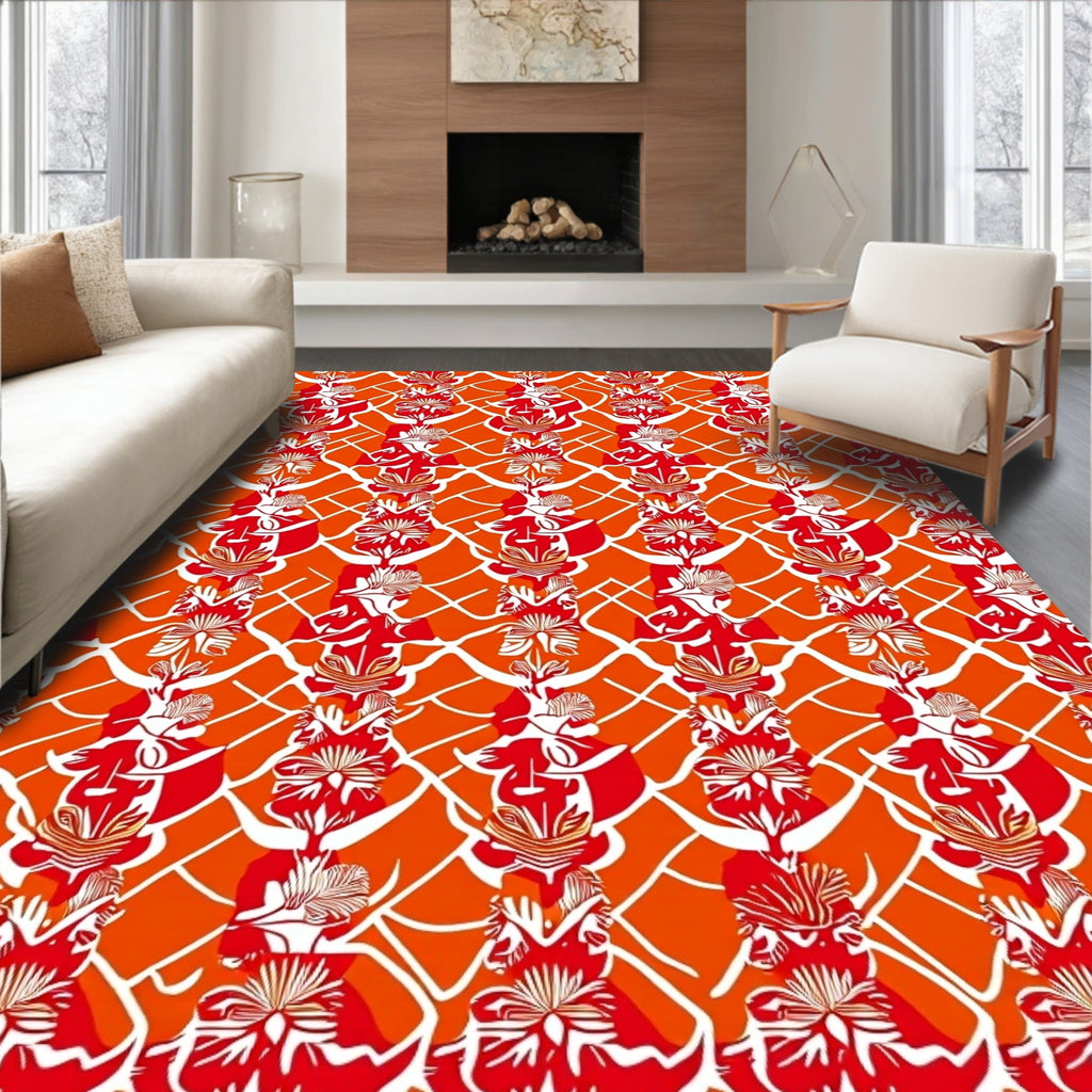Bold Red Orange Floral Lattice Rug
