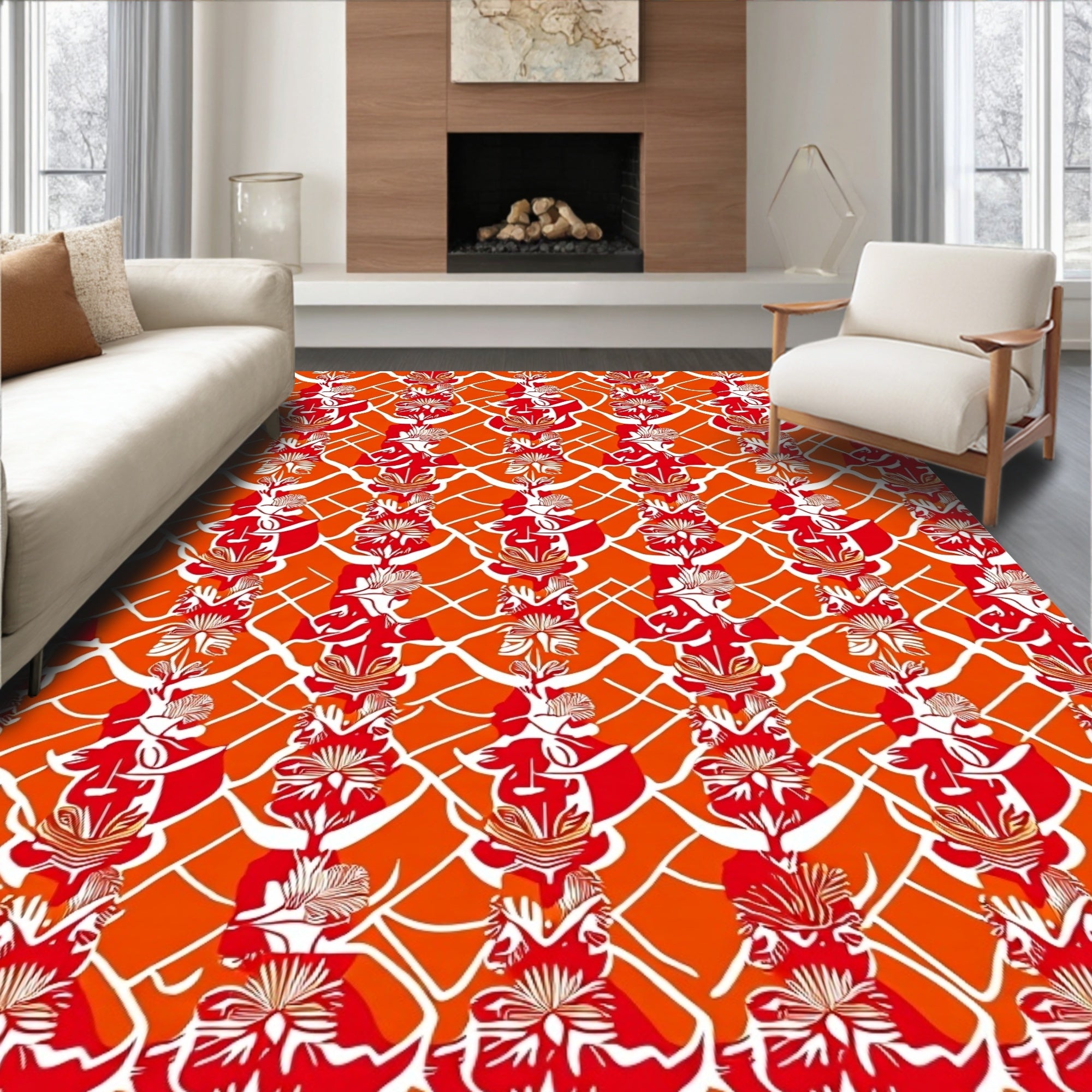 Bold Red Orange Floral Lattice Rug