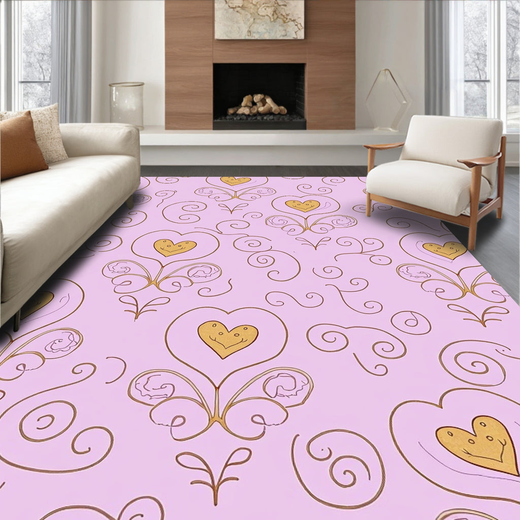 Whimsical Golden Heart Floral Curlicue Rug