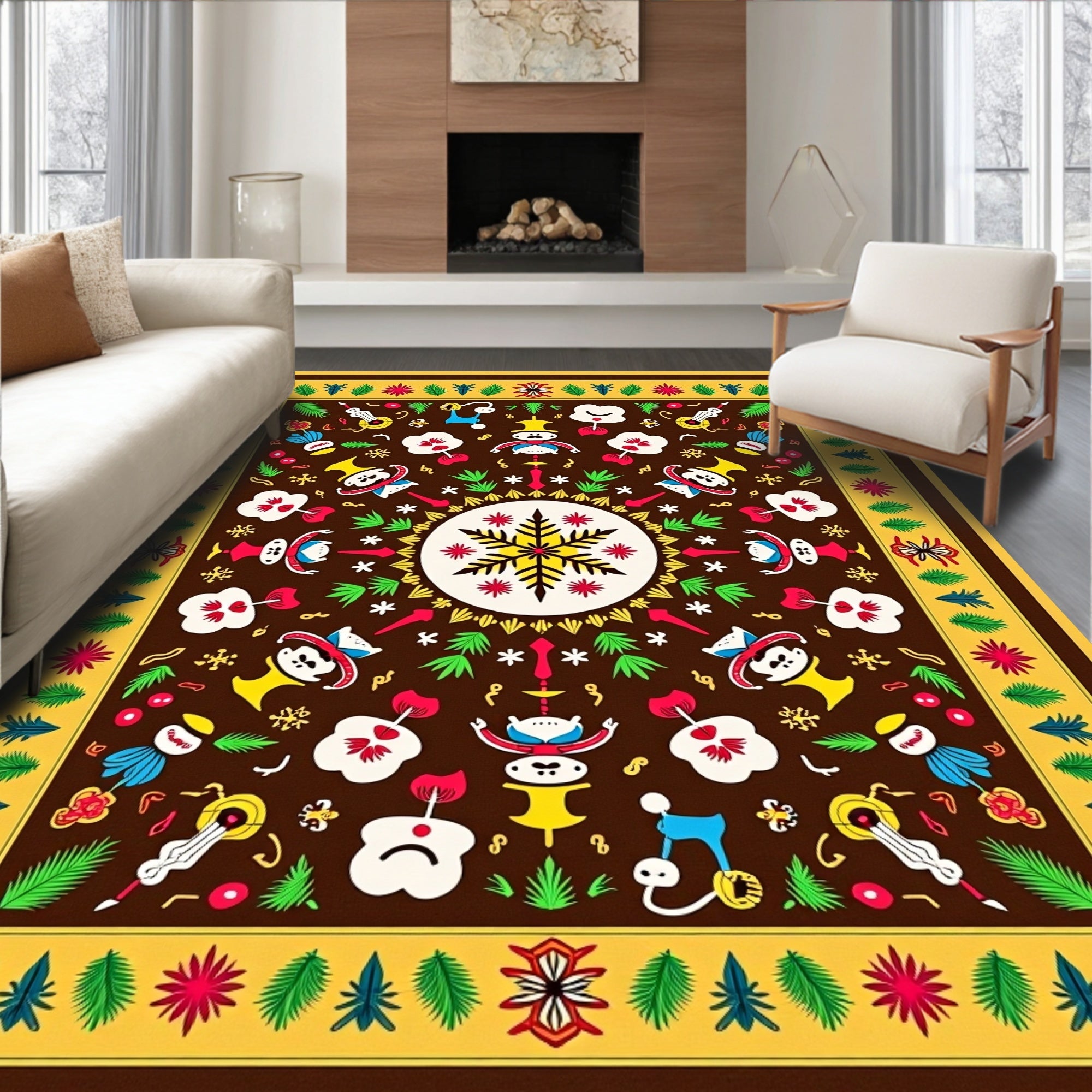 Whimsical Folk Art Snowflake Figures Rug