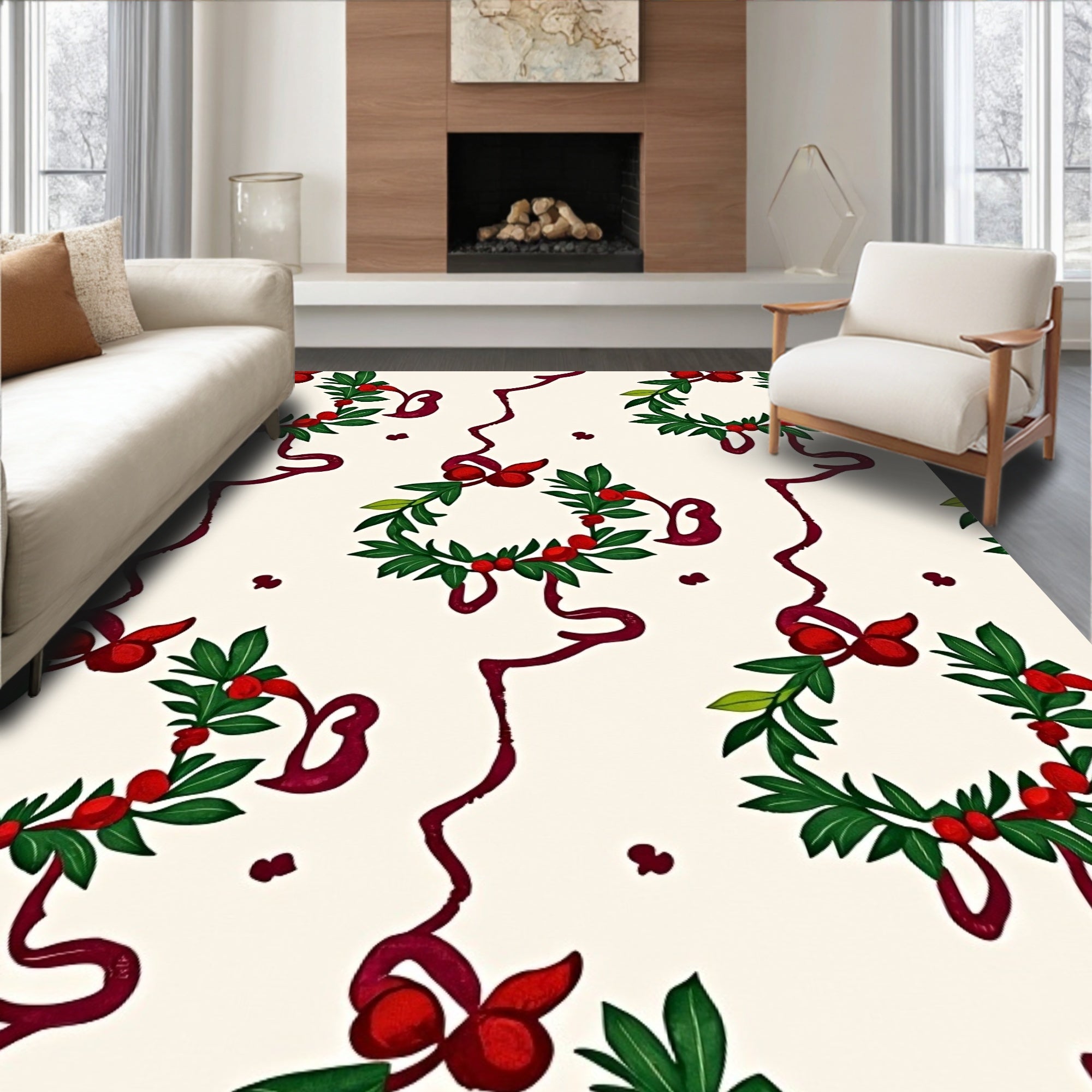 Festive Holly Berry Wreath Ribbon Rug